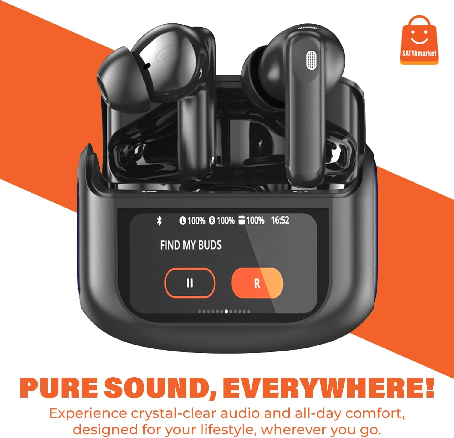 Satyamarket Wireless Earbuds Bluetooth 5.4 with Touchscreen Display &ndash; TWS Headphones with 4-Mic Noise Cancelling, Bass Boost, Hi-Fi Stereo Sound