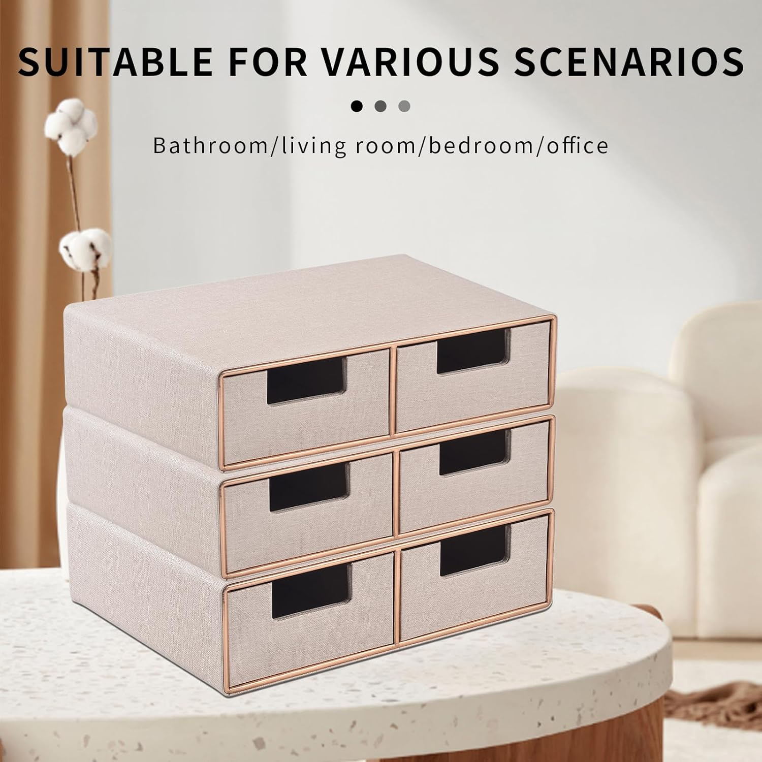 RHCSZ Linen Leather Desk Organizer with Drawers－Mini Desktop Drawer Organizer Stackable－Multifunctional Tabletop Organization Storage Box for Office Supplies Home Vanity Toiletries (Beige, 2-Drawers) - Beige image number 3