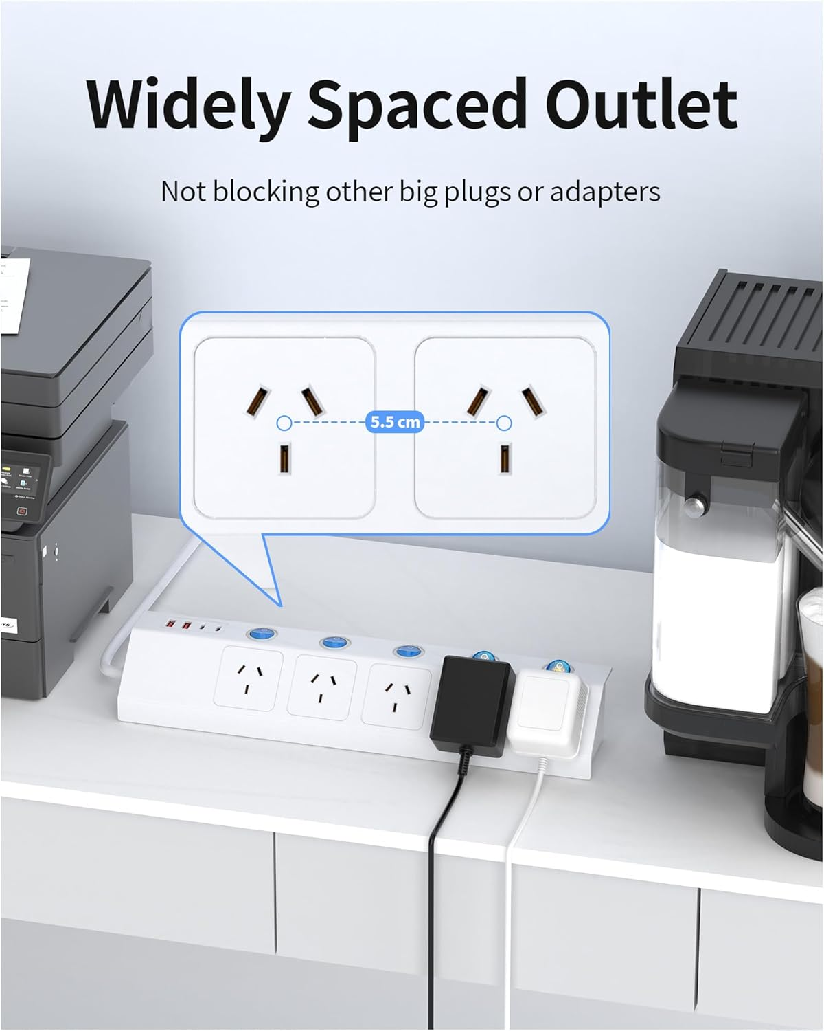 Power Board Surge Protected with Individual Switch, Powerboard with 5 AC Outlets 4 USB Ports (2 USB C), 1700J Surge Protector, SAA Certified, 1.5M Extension Cord for Home and Office, White image number 1