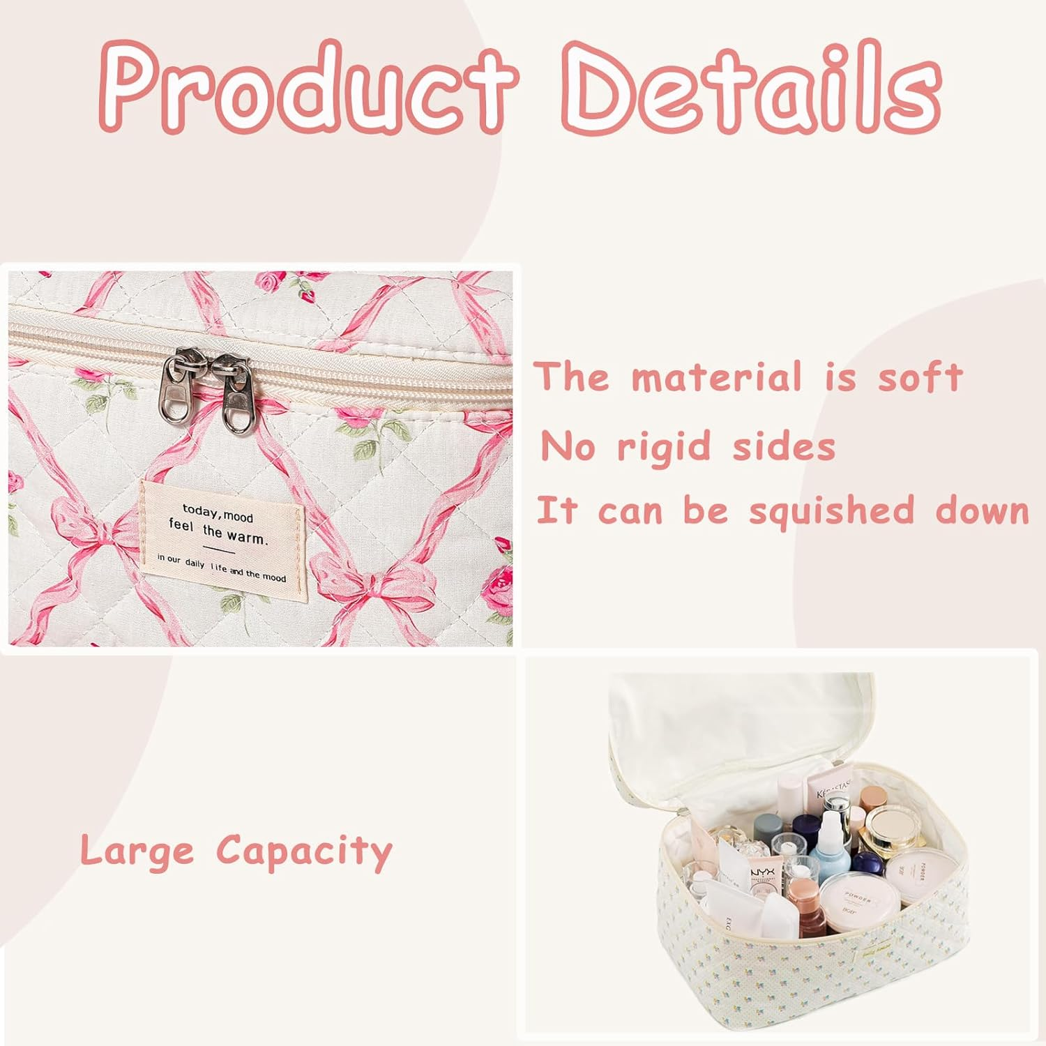 Large Quilted Makeup Bag for Women and Girls, Cute Coquette Floral Cotton Cosmetic Bag, Aesthetic Travel Organized Toiletry Bags, 3Pcs Pink Bows - 01Pink Bows image number 7