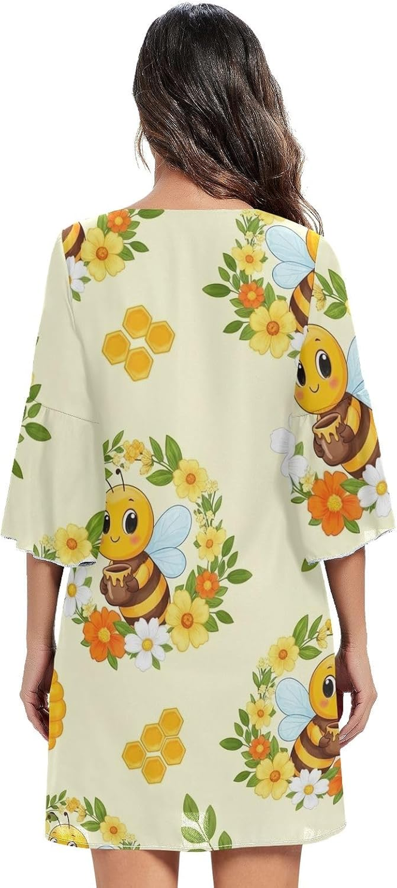 Cute Cartoon Bees Honey Print Ladies Chiffon Dress 3/4 Sleeve Maternity Dress Party S-XXL image number 4