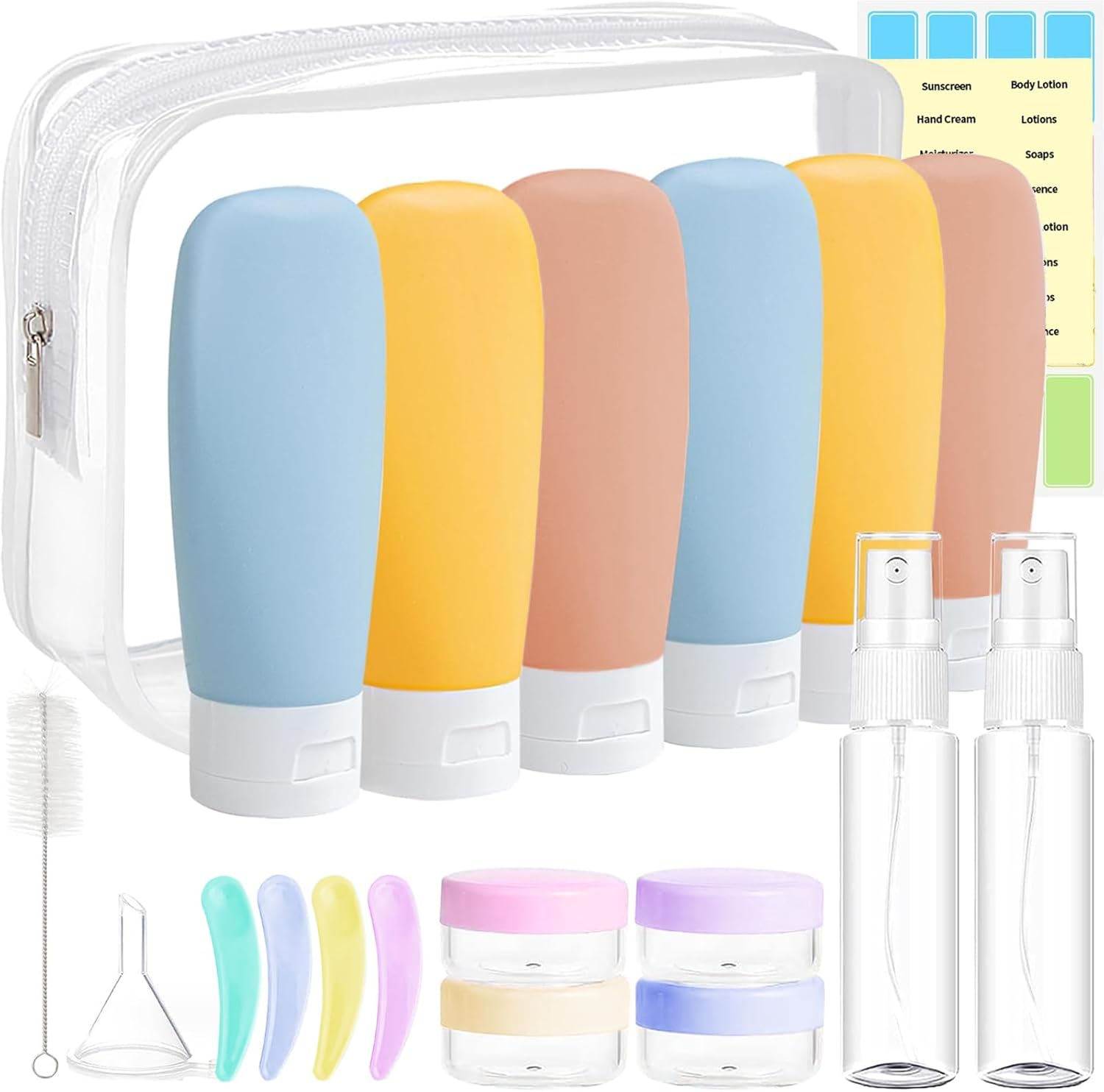 LMXMGRG 20 Pack Travel Bottles Set for Toiletries with Labels Silicone Travel Bottles Leak Proof Refillable Travel Essentials with Clear Toiletry Bag Travel Accessories for Shampoo Conditioner image number 4