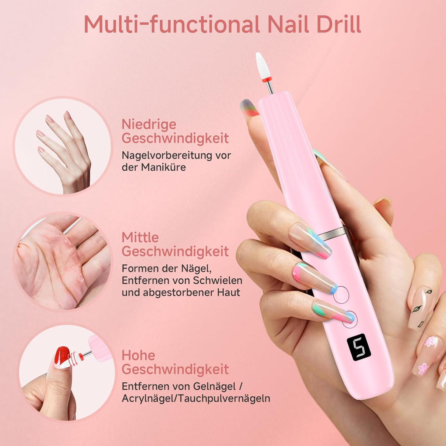 Electric Nail File 12 in 1 - Electric Manicure Kit 20000Rpm, Electric Nail Milling Machine 5-Speed, Acrylic Nails, Gel Nails, Calluses Removal image number 2