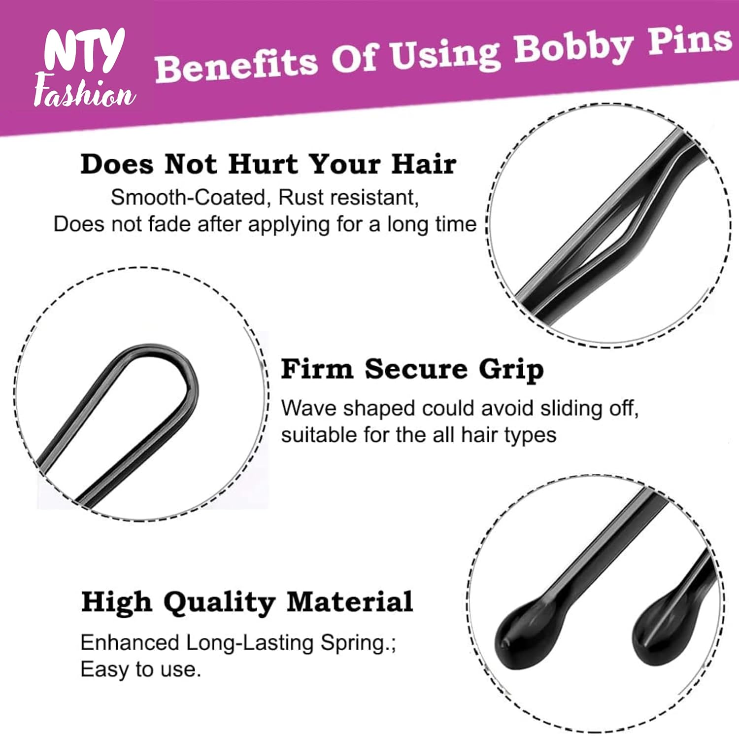 NTY Collections Black Bobby Pins for Women &ndash; 300 Pieces with Storage Box, Strong Grip Hair Pins, Durable Metal Hair Accessories for Thick & Thin Hair, Daily Styling Salon Use - (300Units, Black)