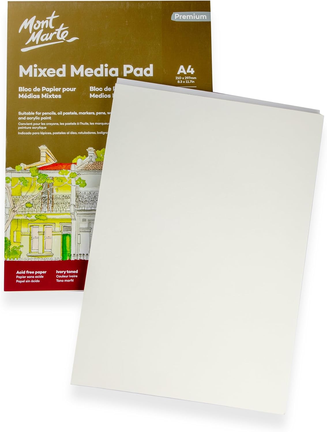 Mont Marte Mixed Media Pad Premium 300Gsm A4 15 Sheets Acid Free Art Pad with Fine Tooth Paper for Multi-Media Use, Ideal for Pencils, Oil Pastels, Markers, Pens, Watercolour and Acrylic Paint