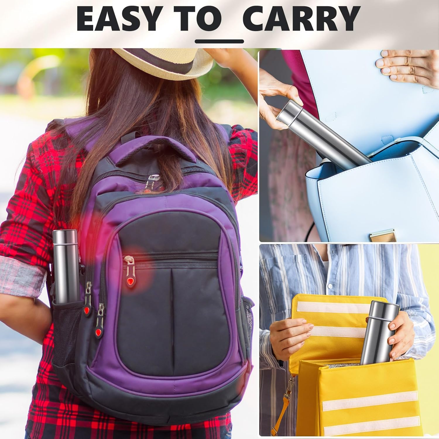 Vesici Slim Water Bottle 8.8 Oz Small Stainless Steel Purse Compact Insulated Water Bottles Camping Travel Backpack Pocket Flask for Car Cold Coffee Tea(Silver,2 Pack) - Silver image number 6