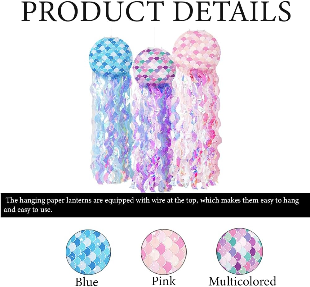 6 PCS Hanging Jelly Fish Paper Lanterns,Colorful Paper Lanterns,Under the Sea Mermaid Party Decorations,For Kids Birthday,For Ocean Party Decorations Jellyfish Decor,Baby Room image number 3