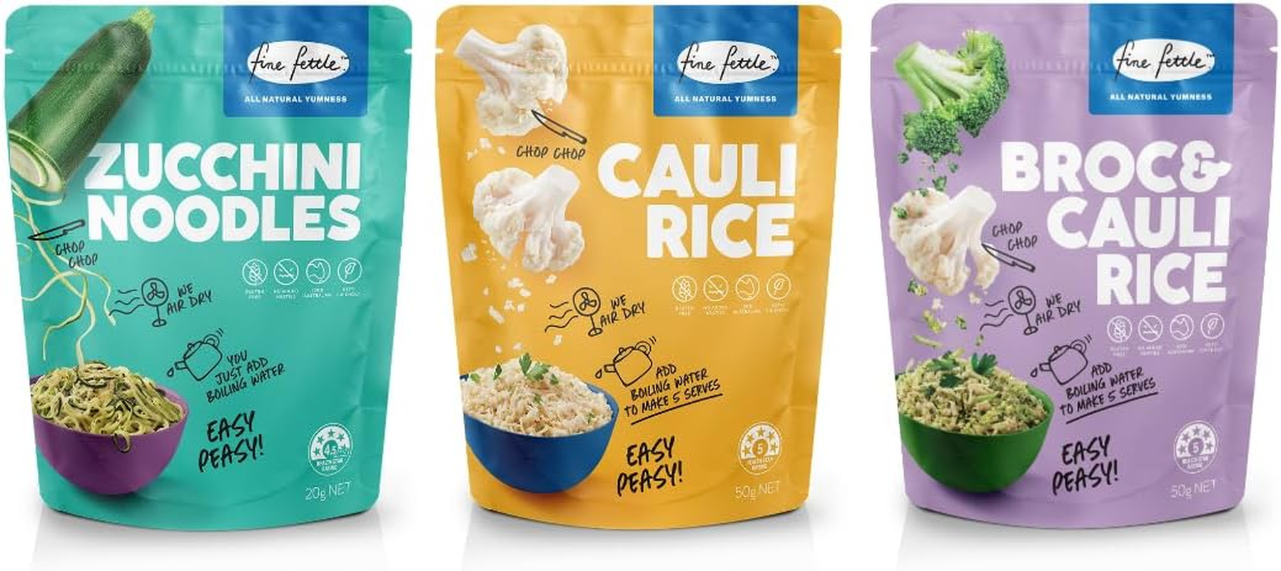 Fine Fettle Pantry Essentials Multi Pack (Cauli Rice 50G, Broc & Cauli Rice 50G, Zucchini Noodles 20G). Cauliflower, Broccoli and Zucchini Alternatives - Low-Carb, Gluten Free and Keto Friendly image number 2