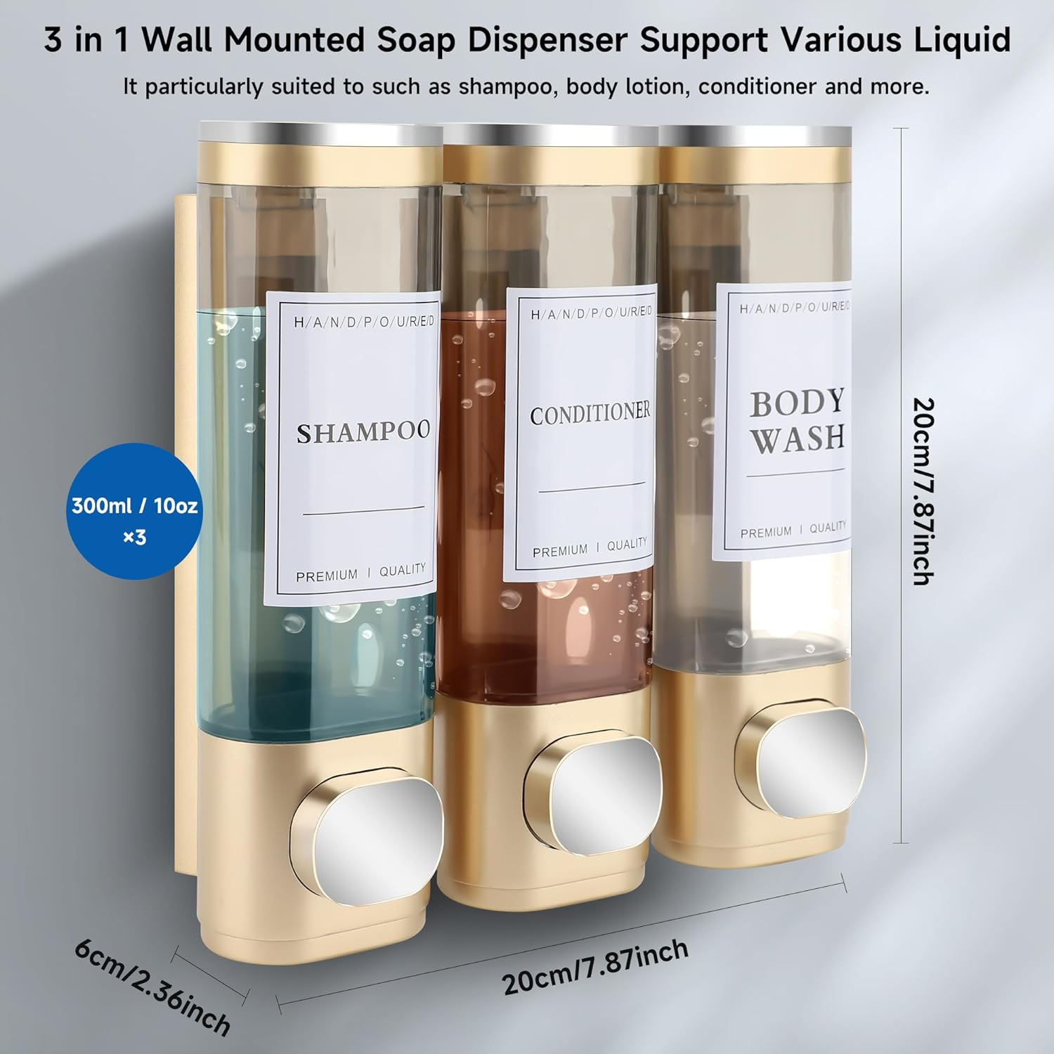 MEKOTRIN Soap Bathroom Shower Dispenser 3&times;300Ml Chamber Liquid Soap Lotion Gel Label Lock Wall Mounted Dispenser 5 Colors(Gold) - Gold image number 6