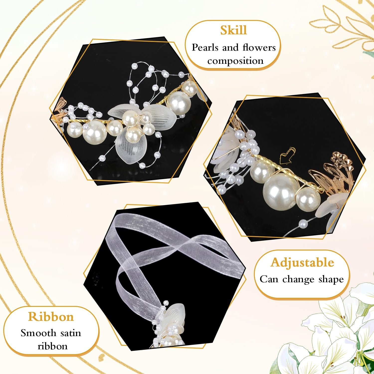 NQEUEPN Flower Girl Hair Accessories, 13.7 X 1.96 Inch Tiara Wedding White Children'S Hair Accessories Adjustable Girl Flower Headband with Pearls Flower Women'S Headband (Gold) image number 5