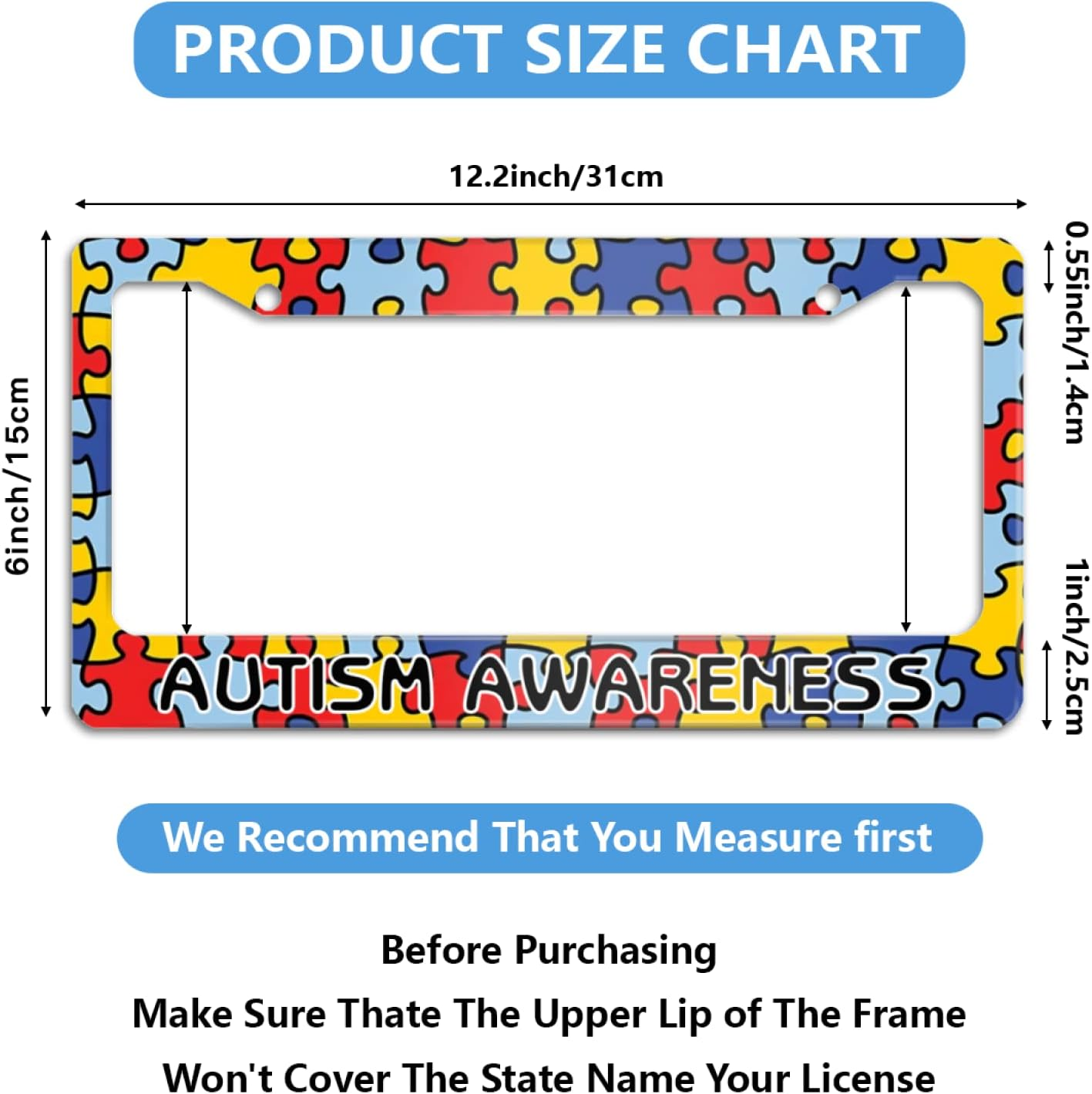 Personalized License Plate Frame Metal Autism Awareness Puzzle License Plate Cover Accessory Decorative 2 Holes and Screws Fits US Standard License Plates Size: 12.2 X 6.3 Inches for Men Women image number 3