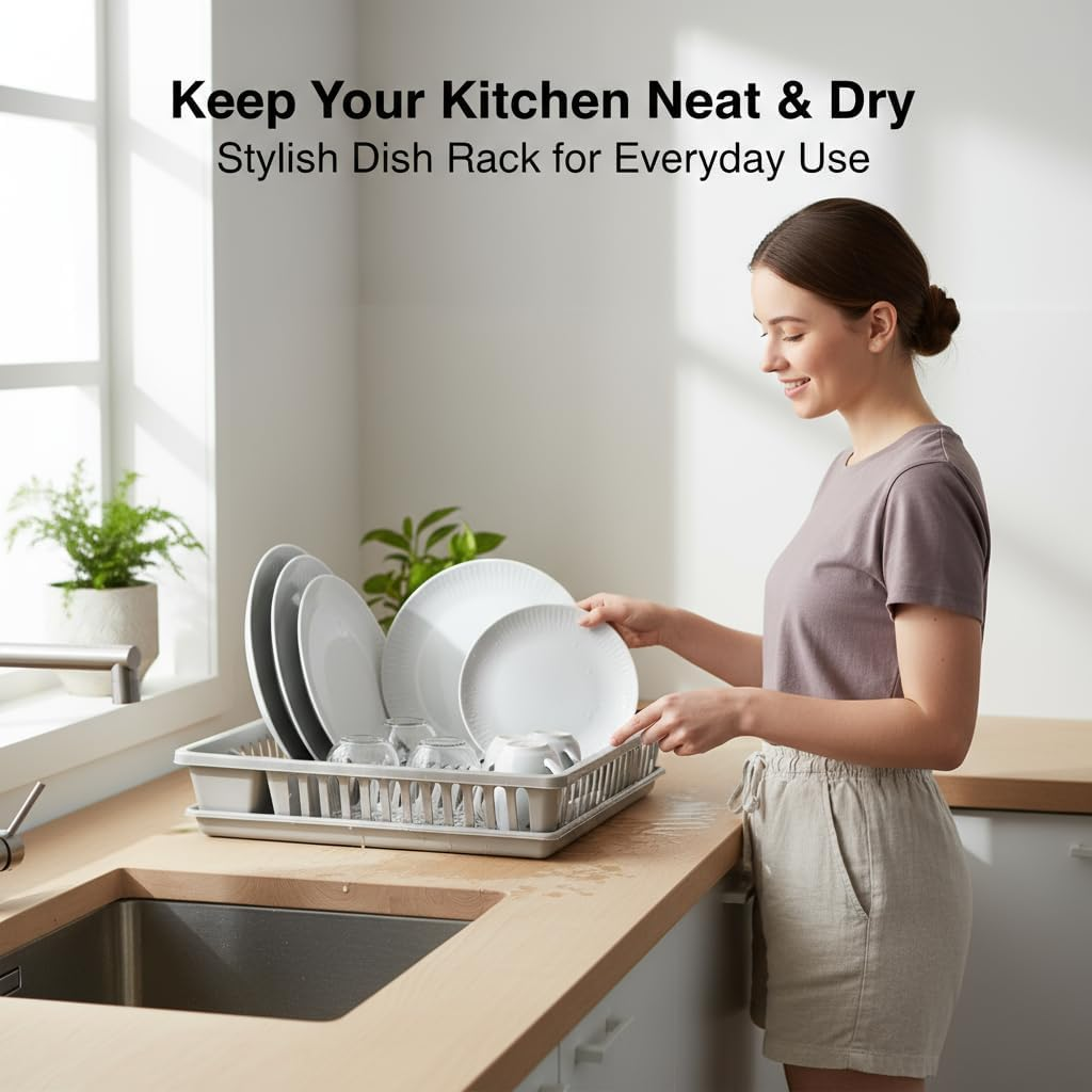 LEDON Dish Drying Rack with Drainboard & Cutlery Holder, Single-Tier PVC Dish Drainer for Kitchen Counter, Rust-Free, No-Setup Plate, Bowl & Cup Organizer (36&times;46&times;10Cm, Random Color) image number 6