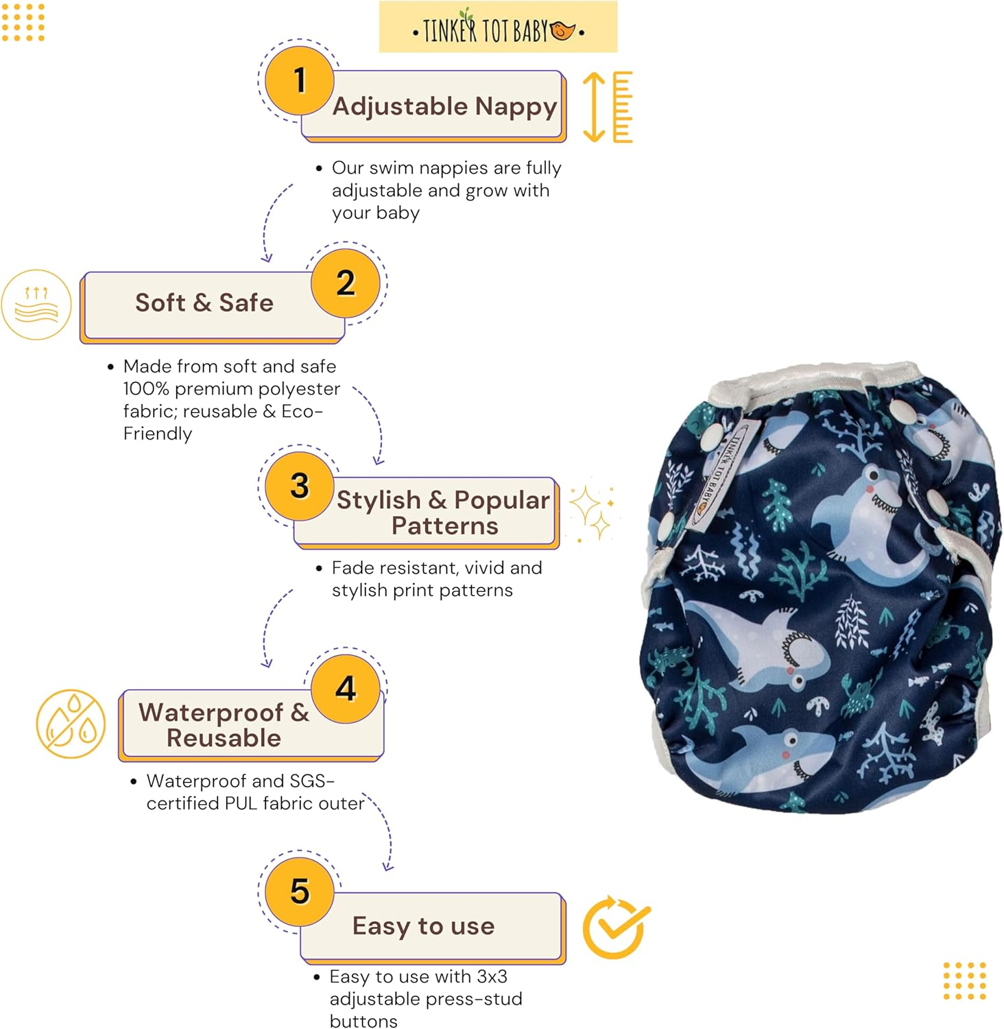 Tinker Tot Baby Reusable Swim Nappy - Small & Large Swim Nappies; Adjustable, Washable; Child, Toddler and Baby image number 1