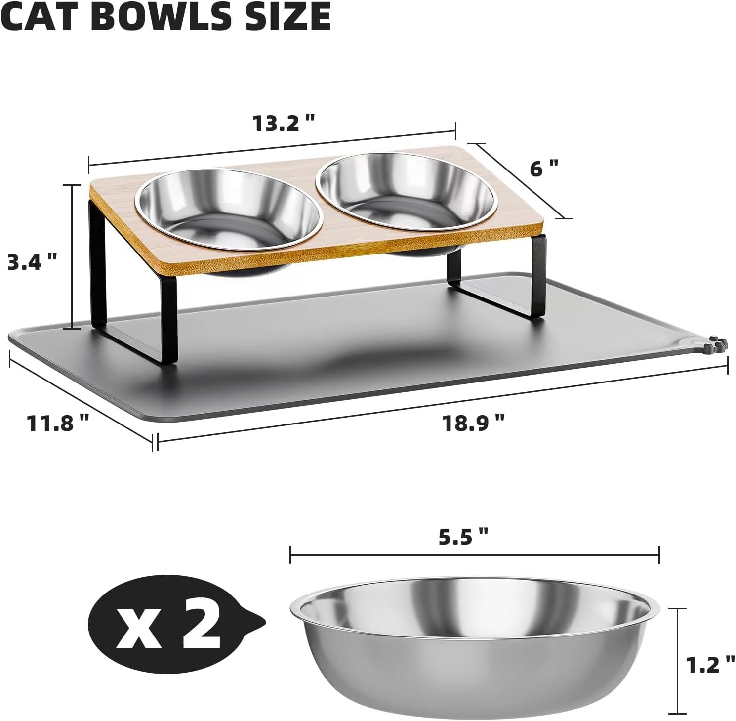 Elevated Cat Bowls Whisker Friendly,Cat Food Bowls with Silicone Food Mat,15&deg;Tilted Stand anti Vomiting Raised Cat Dishes for Food and Water,2 Stainless Steel Bowls for Cats and Puppy image number 4