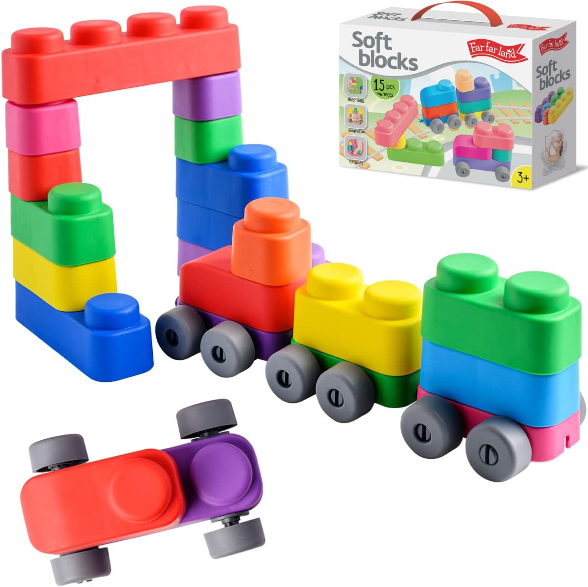 Soft Building Blocks (15 Pcs + 12 Wheels) Montessori Toys for Toddlers Age 3 Years | European Made | Colourful Early Learning Play Bath Cars Sensory Stacking Blocks image number 6