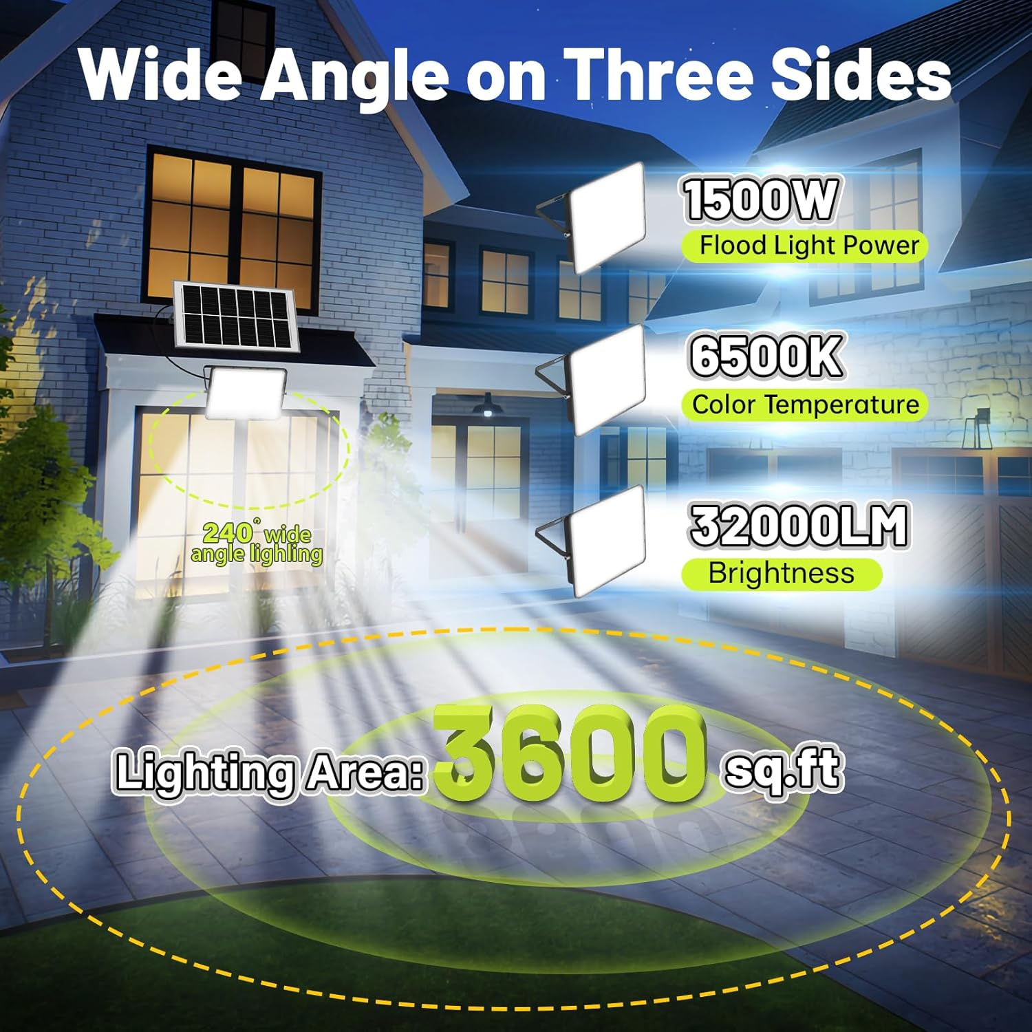 1500W Outdoor Solar Light 32000LM Solar Flood Lights Outdoor, IP66 Waterproof LED Lights, 6500K Daylight White Floodlight for Yard, Stadium, Playground, Patio Barn, Garden, Garage image number 3