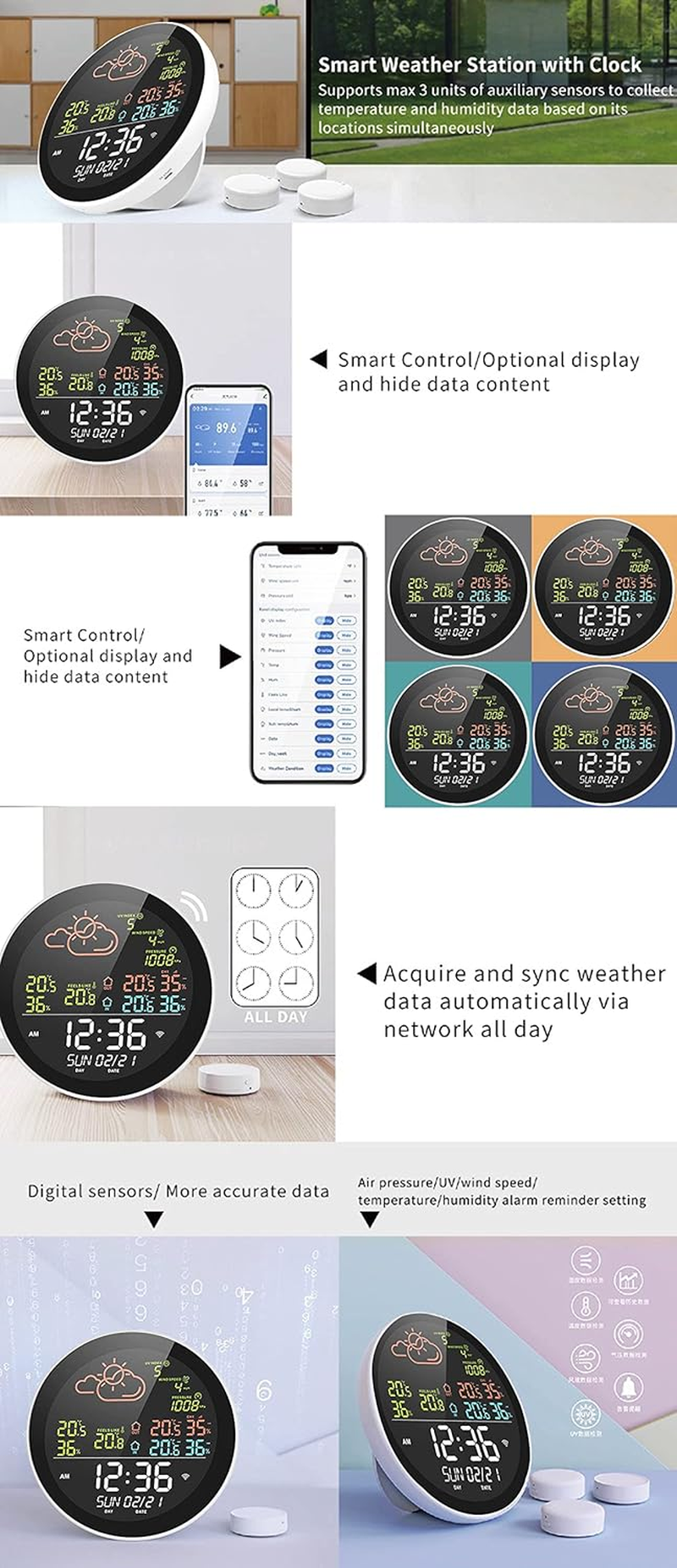 Nurdo Tuya Wifi Smart Weather Station with Clock Indoor and Outdoor Temperature&Humidity Meter Multifunctional Large Color Screen Weather Clock Temp.&Humidity Gauge with 3 Sensor