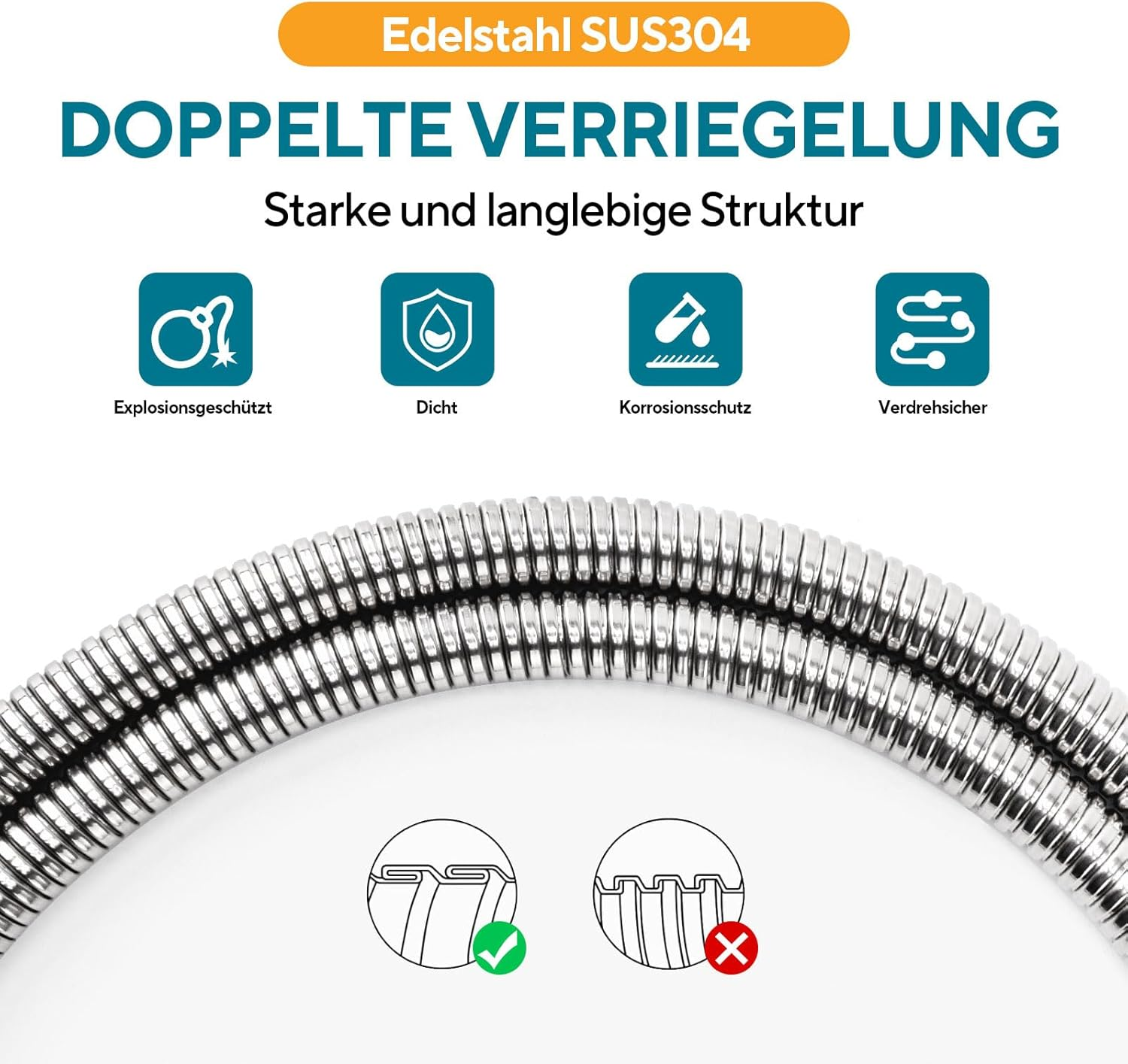 Shower Hose 2M Flexible Long Shower Hose Chrome Made of Stainless Steel Anti-Kink Anti-Explosion Leakproof Encryption Universal Brass Connector Replacement Metal Shower Pipe Cable image number 5