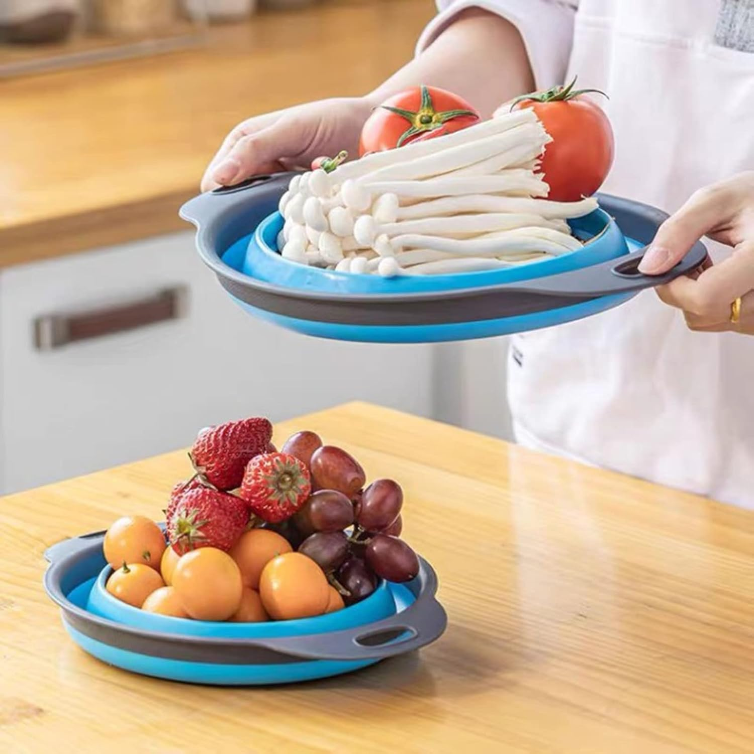 Basket Collapsible Colander Set of 2 round Silicone Kitchen Strainer Set - 1 Large 1 Small Perfect for Draining Pasta, Vegetable and Fruit(Blue) image number 5