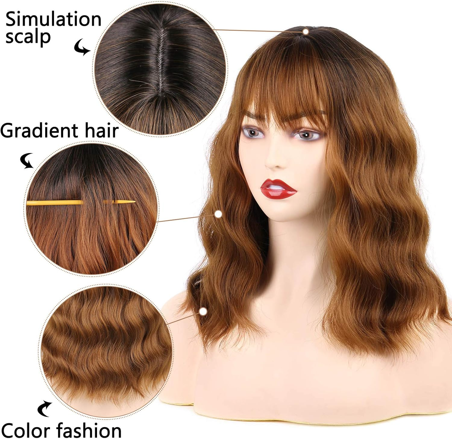 Daimer Brown Wig with Bangs Auburn Wigs for Women Short Wavy Light Brown Wig Shoulder Length Curly Bob Synthetic Heat Resistant Fibre for Daily Party Use (16 Inches) Natural Curly image number 6