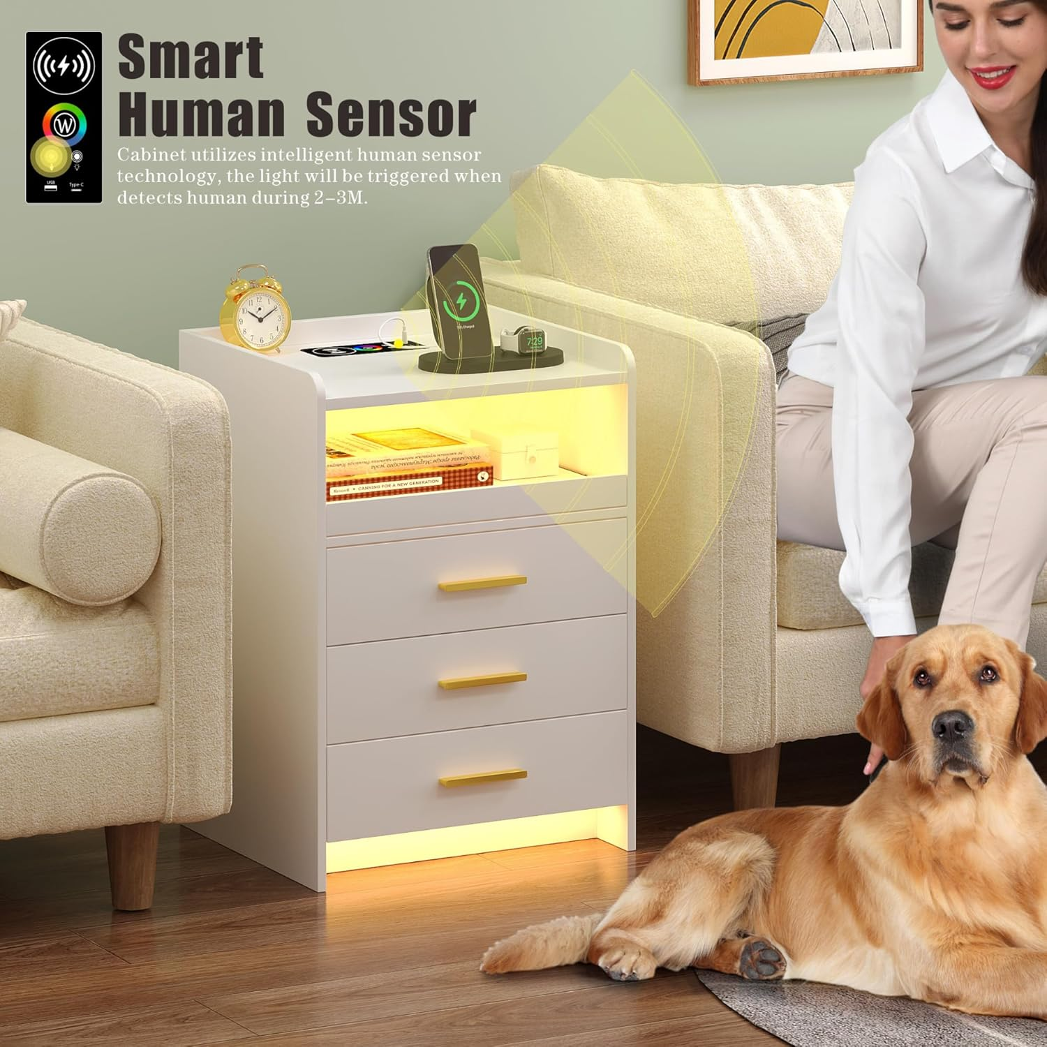 Dystler Nightstand with Wireless Charging Station Bedside Table with RGB Light & Human Sensor Design 3 Drawers LED Modern Night Stand End Table for Bedroom Livingroom Office, White