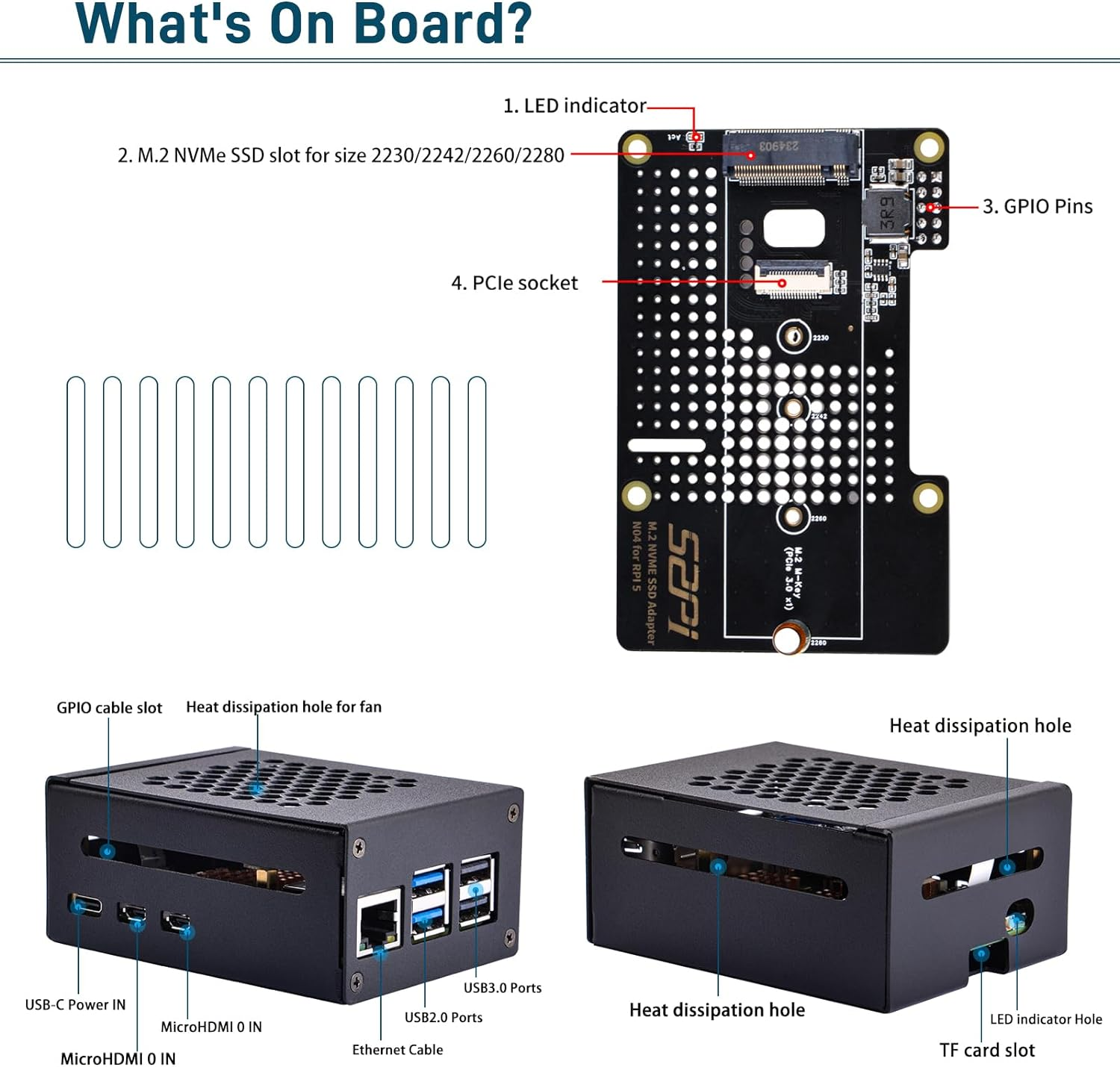 Geeekpi Starter Kit for Raspberry Pi 5 8GB, with Raspberry Pi 5 & Active Cooler, N04 M.2 Nvme SSD Pcie Peripheral Board, Case 64GB Card, Card Reader, HDMI Cables and 27W USB C Power Supply image number 5