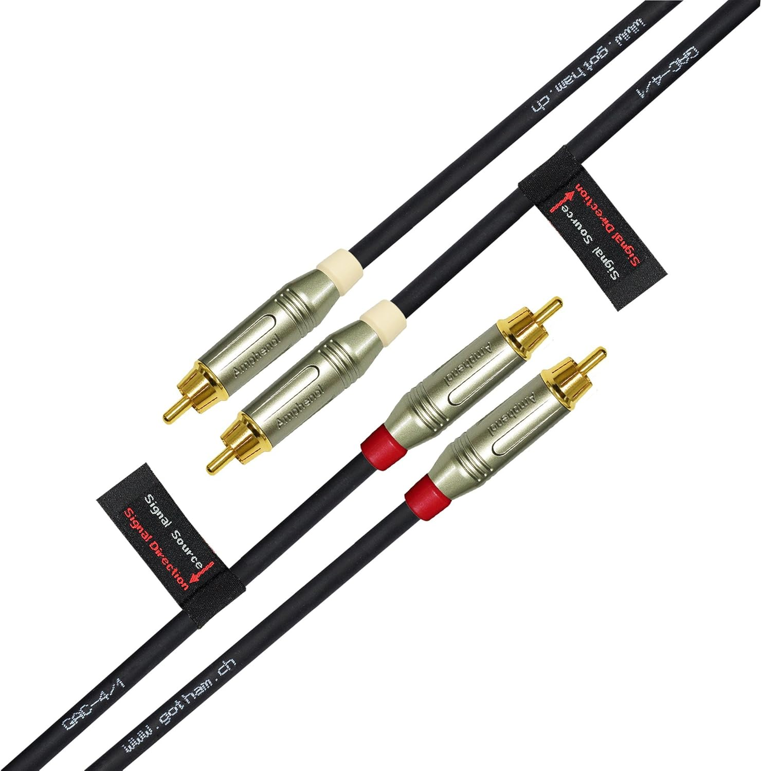 5 Foot RCA Cable Pair - Gotham GAC-4/1 (Black) Star-Quad Audio Interconnect Cable with Amphenol ACPR Die-Cast, Gold Plated RCA Connectors - Directional image number 1