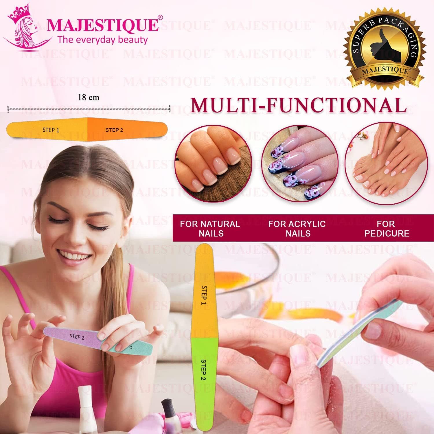 Majestique 4 in 1 Nail File and Buffer for All Purpose - Nail Buffer Block. Nail Shiner. save Time and Money, 4 Fingernail Files in 1, Professional Care Manicure Tools. Nail Care 1 Pack image number 1