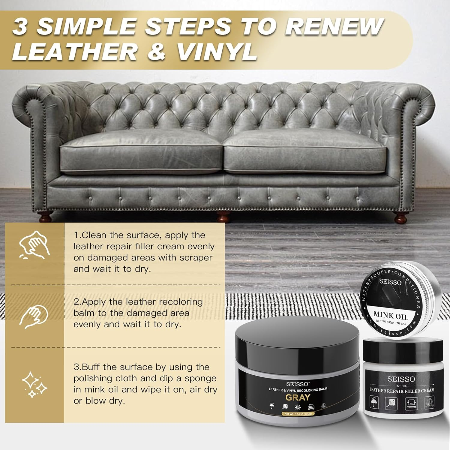 SEISSO Leather Repair Kit for Furniture, Gray Vinyl Repair Kit with Mink Oil Car Interior Leather Recoloring Balm for Scratches, Fading Shoes, Car Seat, Sofa image number 5