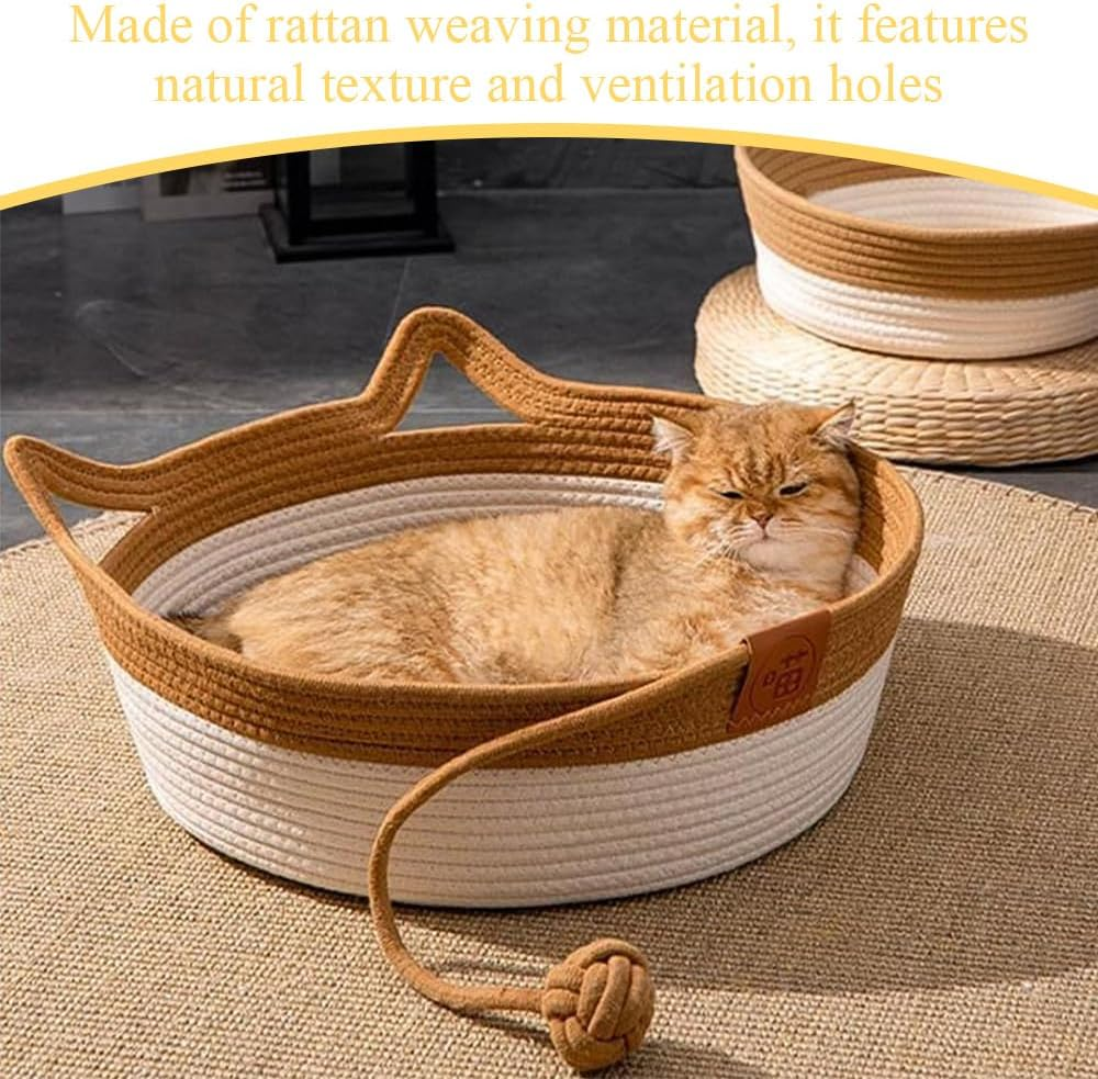 Cotton Rope Cat Basket, Foldable Woven Cat Litter, Cute Pet Bed with Play Rope Ball, Environmentally Friendly Woven Pet Sleeping Basket, Washable for Small Animals image number 5
