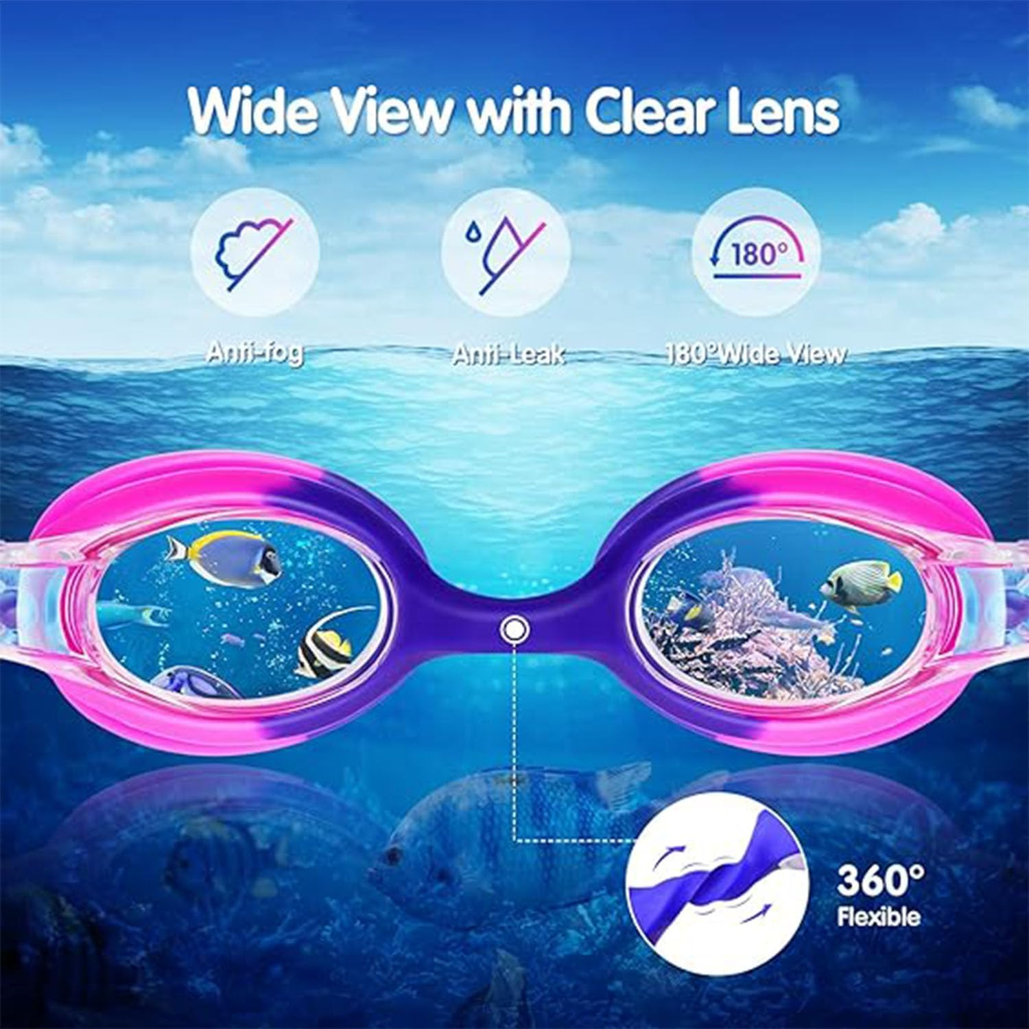 2Pack Kids Swim Goggles, No Leaking anti Fog Kids Goggles Swimming Goggles with Clear Wide Vision, Waterproof Kids Swimming Goggles with Ear&Nose Plug for Boys Girls Children image number 2