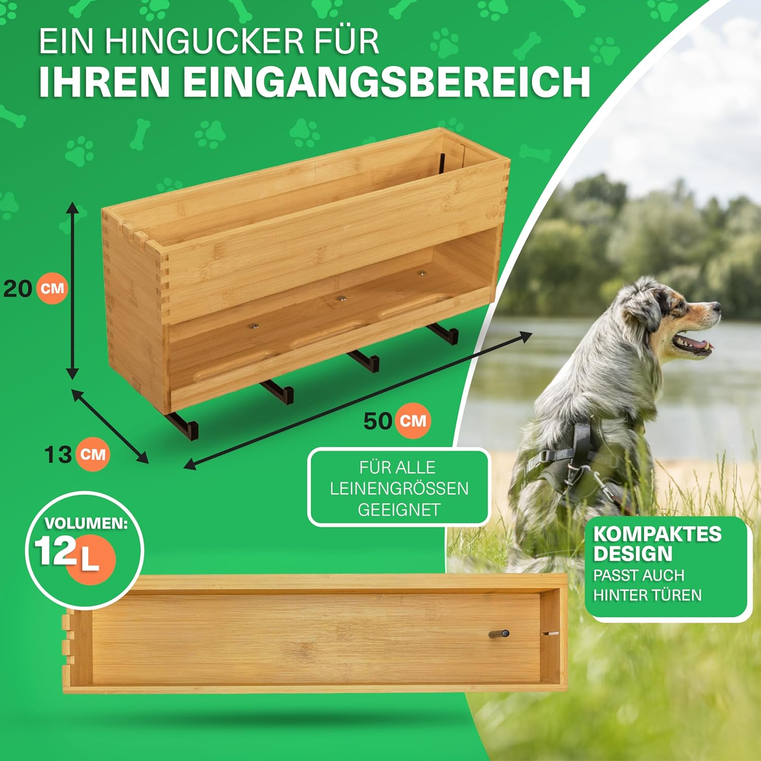 Velont XXL Dog Coat Rack with Shelf - Perfect Linen Parking Space - Environmentally Friendly Bamboo - Dog Station for Leads & Accessories - German Brand - Includes Waste Bag Dispenser, Free Mounting image number 2