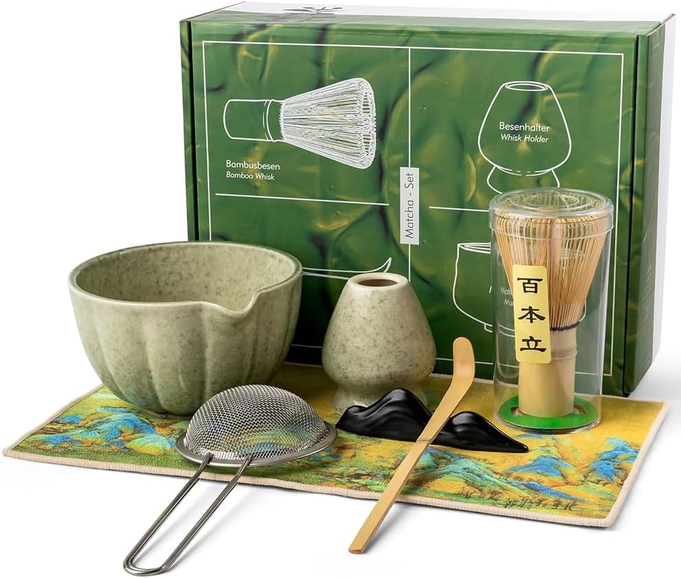 Matcha Whisk Set, XIULIUU 7 Pcs Japanese Matcha Kit, Bowl (Chawan) with Spout, Bamboo Whisk (Chasen) & Holder, Scoop (Chashaku), Sifter, Tea Towel Perfect for Matcha Lovers & Tea Ceremony image number 5