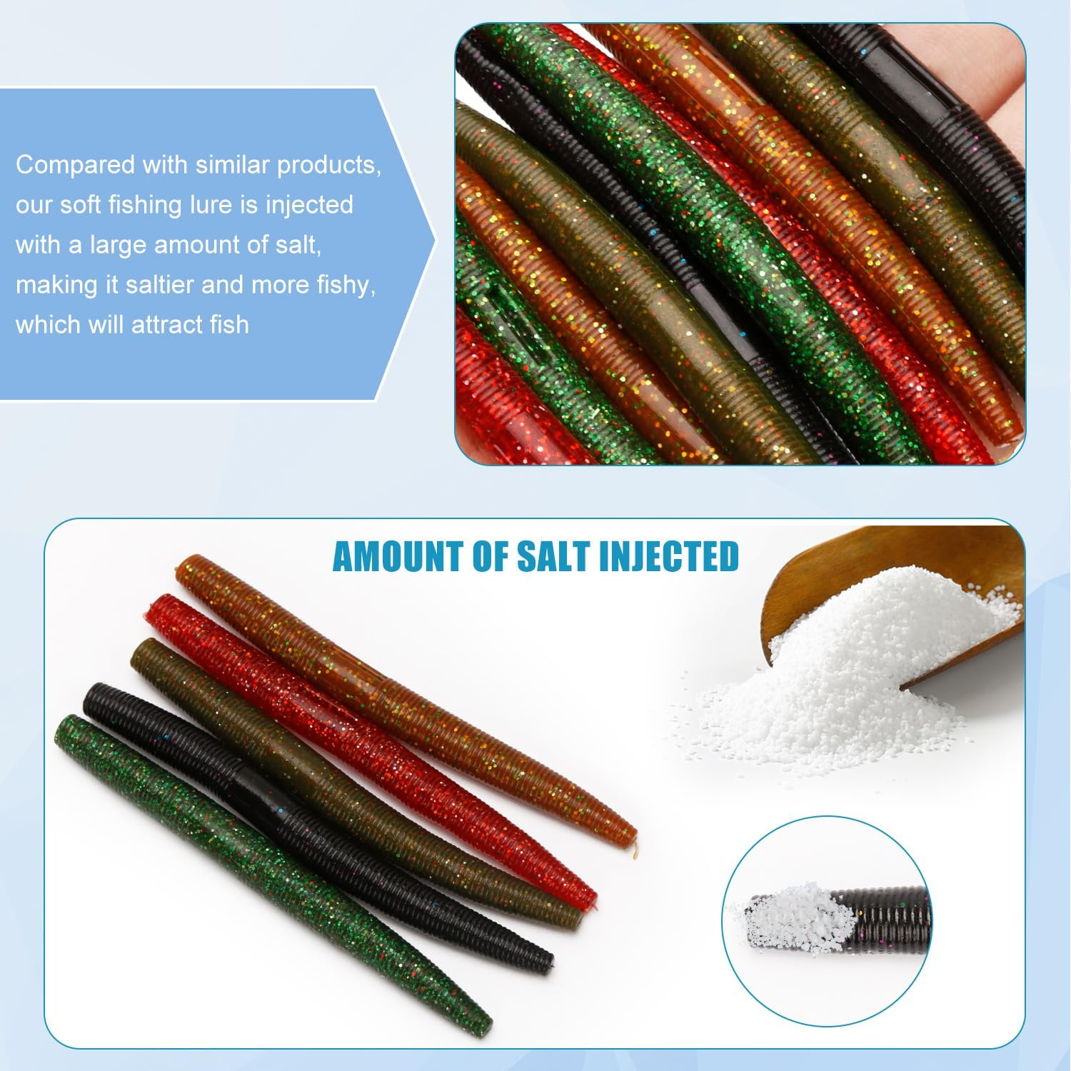 30Pcs Wacky Worm Soft Fishing Lures, 3.94In Bass Fishing Lures Rubber Stick Baits 5 Colors Bass Fishing Lures Soft Plastic Stick Worm for Bass Freshwater Saltwater Fishing image number 2