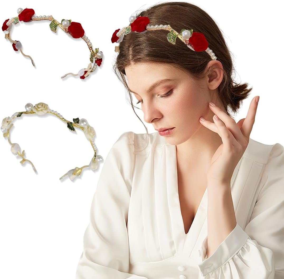 2 X Hair Band Made of Red Roses and White Rose Pearls, Bridal Headband, Light Gold Wedding Hair Band, Faux Pearl, Rhinestone Hair Crown, Crystal Pearl, Bridal Tiara, Hair Bands, Elegant Accessories image number 3