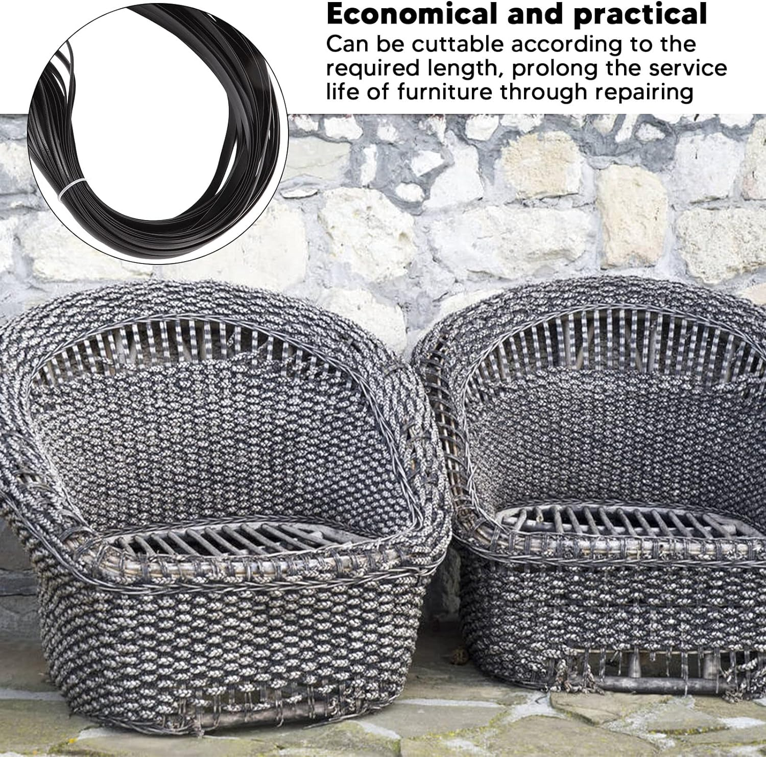 Wicker Repair Material, Flat Plastic Rattan, Synthetic Rattan Replacement Material, Plastic Wicker Repair for Repairing Subs, Sofas, Tables, Storage Boxes (Black) - Black image number 5