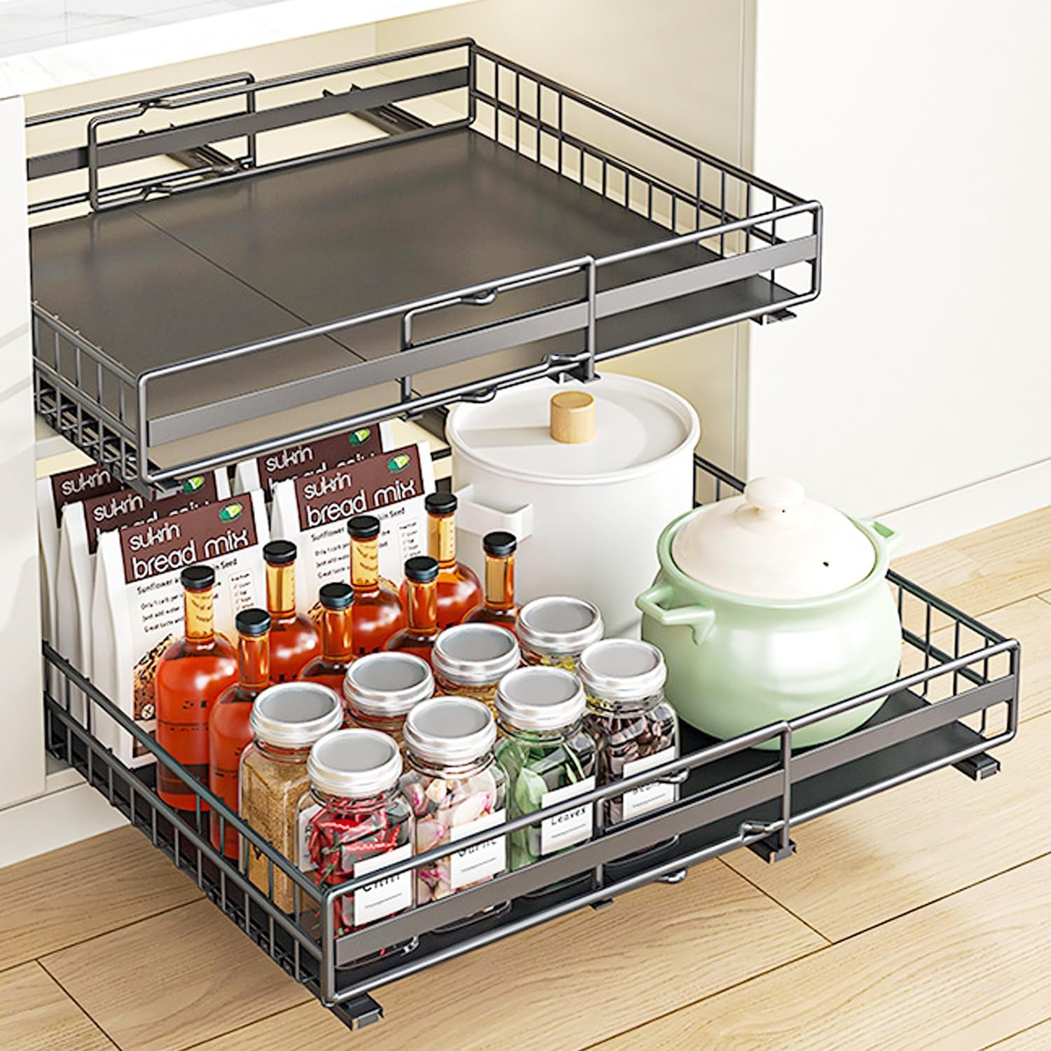 Pull Out Drawers for Cabinets Expandable, 2 Pack Pull Out Cabinet Organizer Adhesive, Slide Out Drawers Shelves for Kitchen Cabinets Organization Adjustable Width 12.2-20.7In image number 5