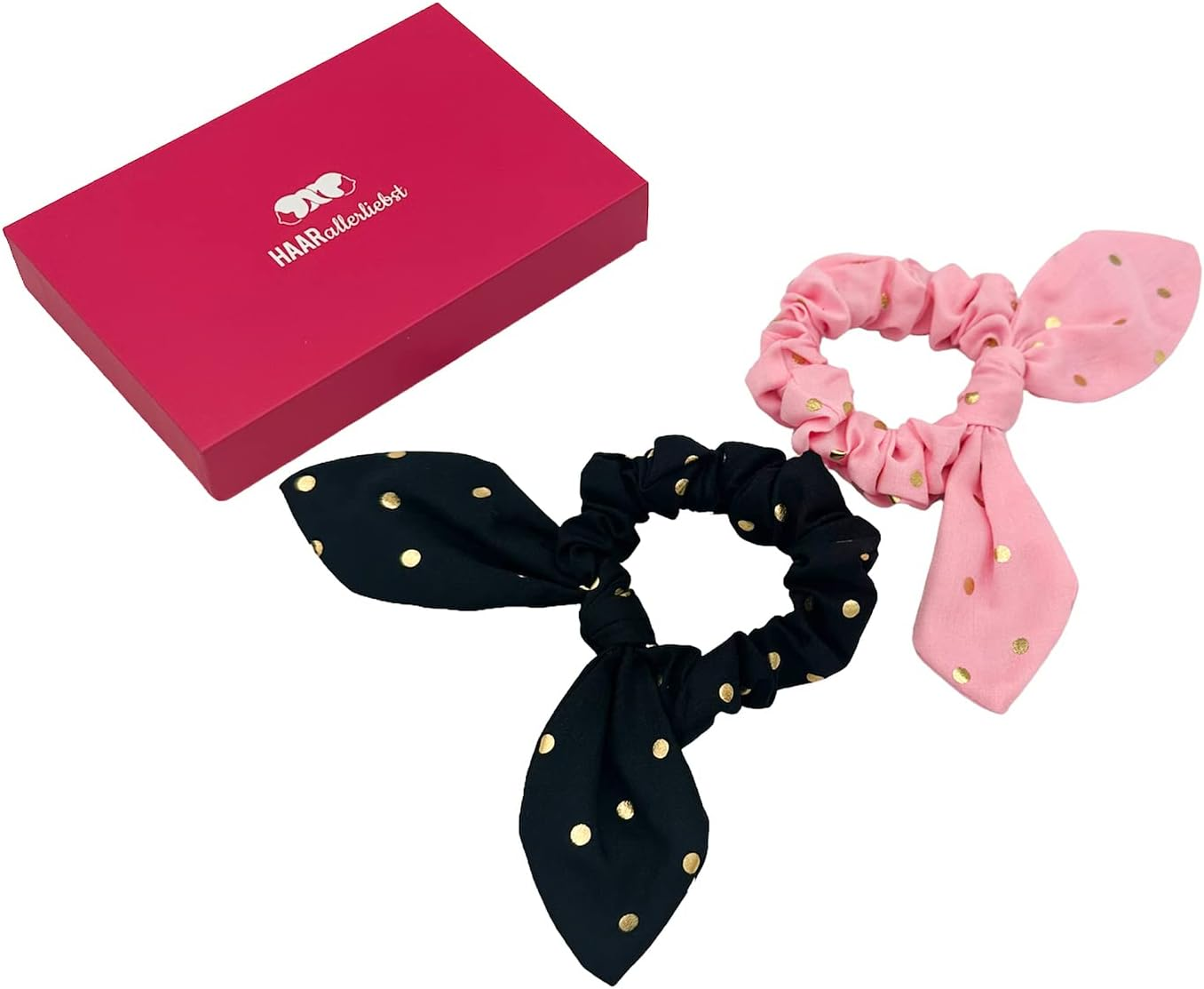 Haarallerliebst Scunchies Hair Bobbles (Bow with Polka Dots | Pink and Black | Pack of 2) for Girls with Storage Box