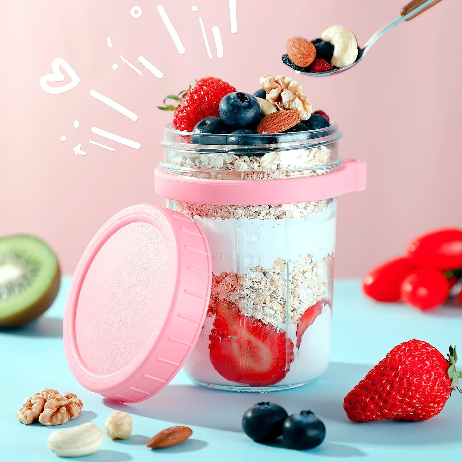 ALINK 4 Pack Overnight Oats Containers with Lids and Spoons, 16 Oz Large Capacity Glass Mason Jars with Airtight Lid for Overnight Oats Meal Yogurt Chia Pudding Fruit Cereal Oatmeal Reusable Jars image number 5