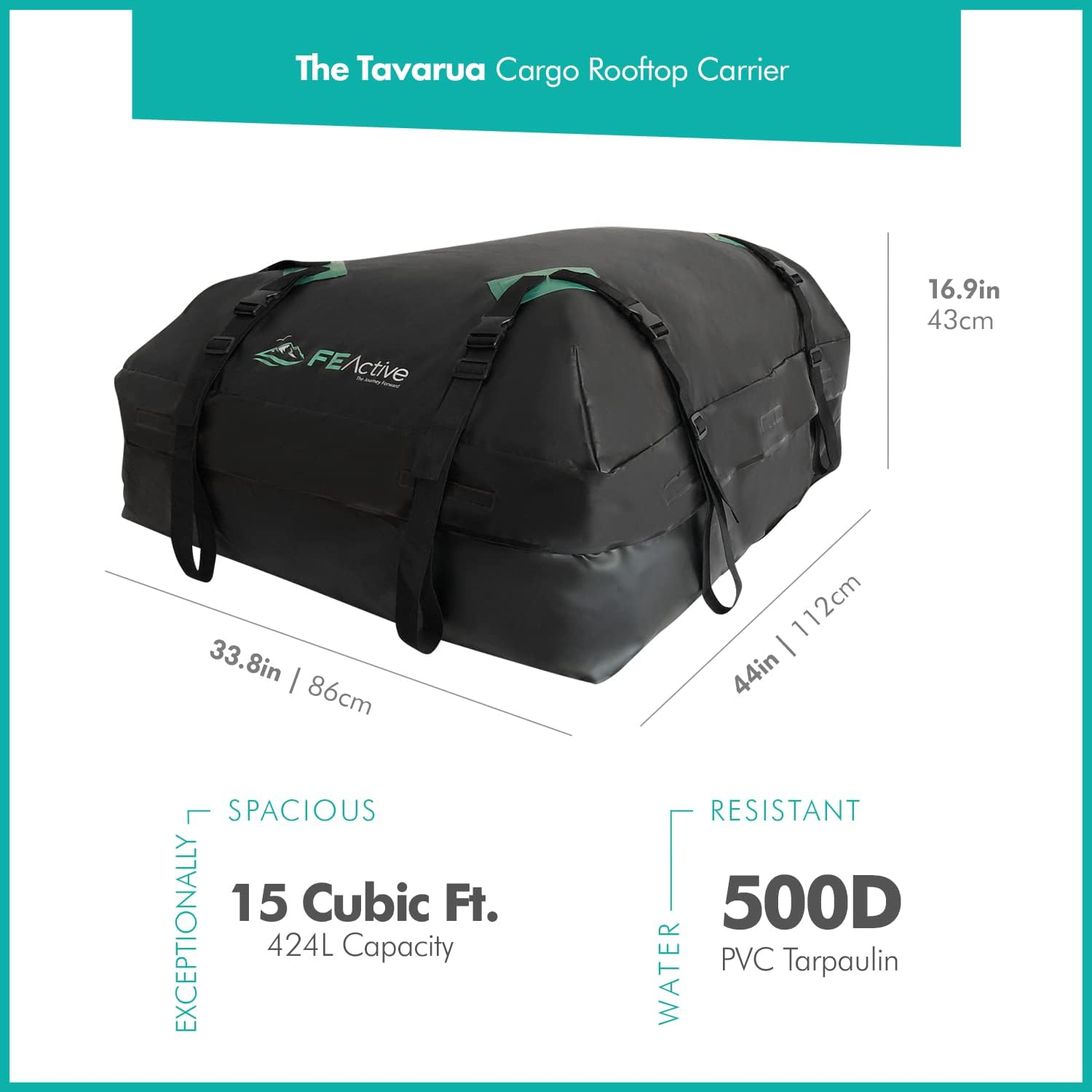 FE Active Cargo Rooftop Carrier - 100% Waterproof 15 Cubic Ft. Roof Dry Bag Heavy Duty Car & SUV Roof Top Luggage Storage Cargo Carrier W Straps, Road Trips, Camping, Travel | Designed in California image number 3