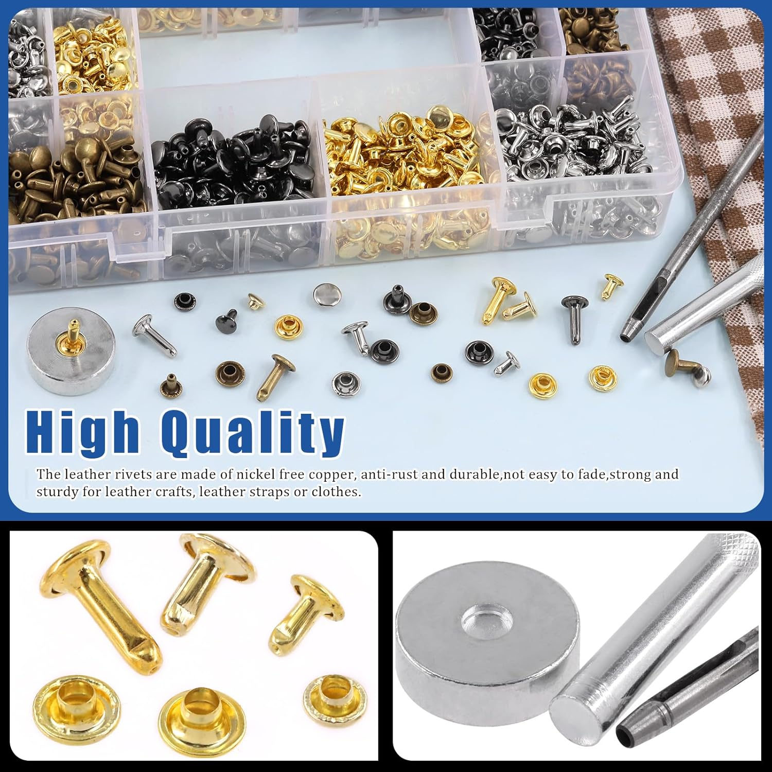 Glarks 600 Sets Leather Rivets with 3Pcs Setting Tool Kit, 4 Colors 3 Sizes Double Cap Rivets Tubular Metal Studs Leathercraft Rivets for Bags Clothing Shoes Leather Craft - 360 Sets + Hammer image number 2