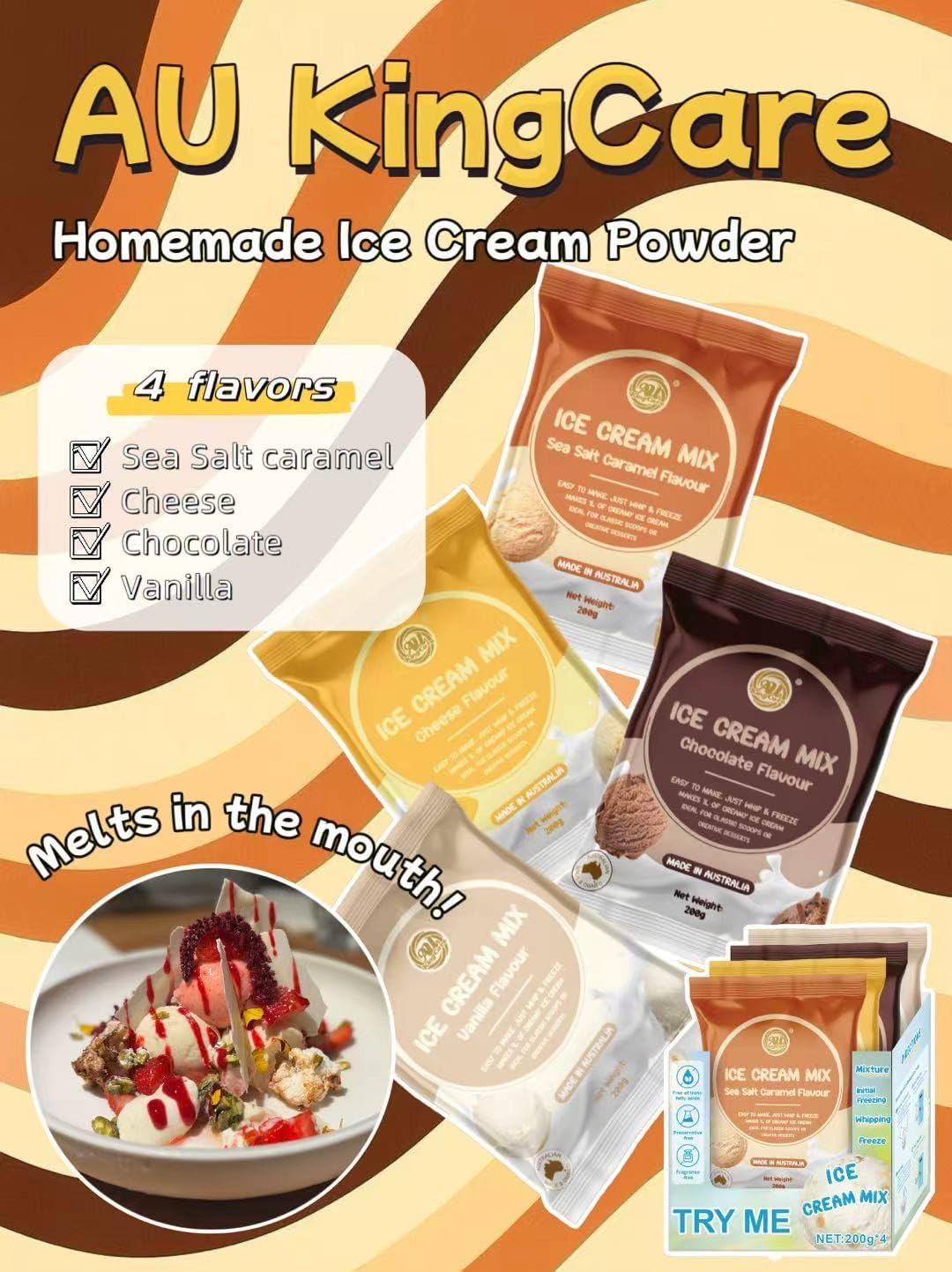 Au Kingcare Homemade Ice Cream Powder 200G*4 Packs &ndash; Makes 4 Litres &ndash; Natural Ingredients, Pure Taste, Easy to Make image number 4