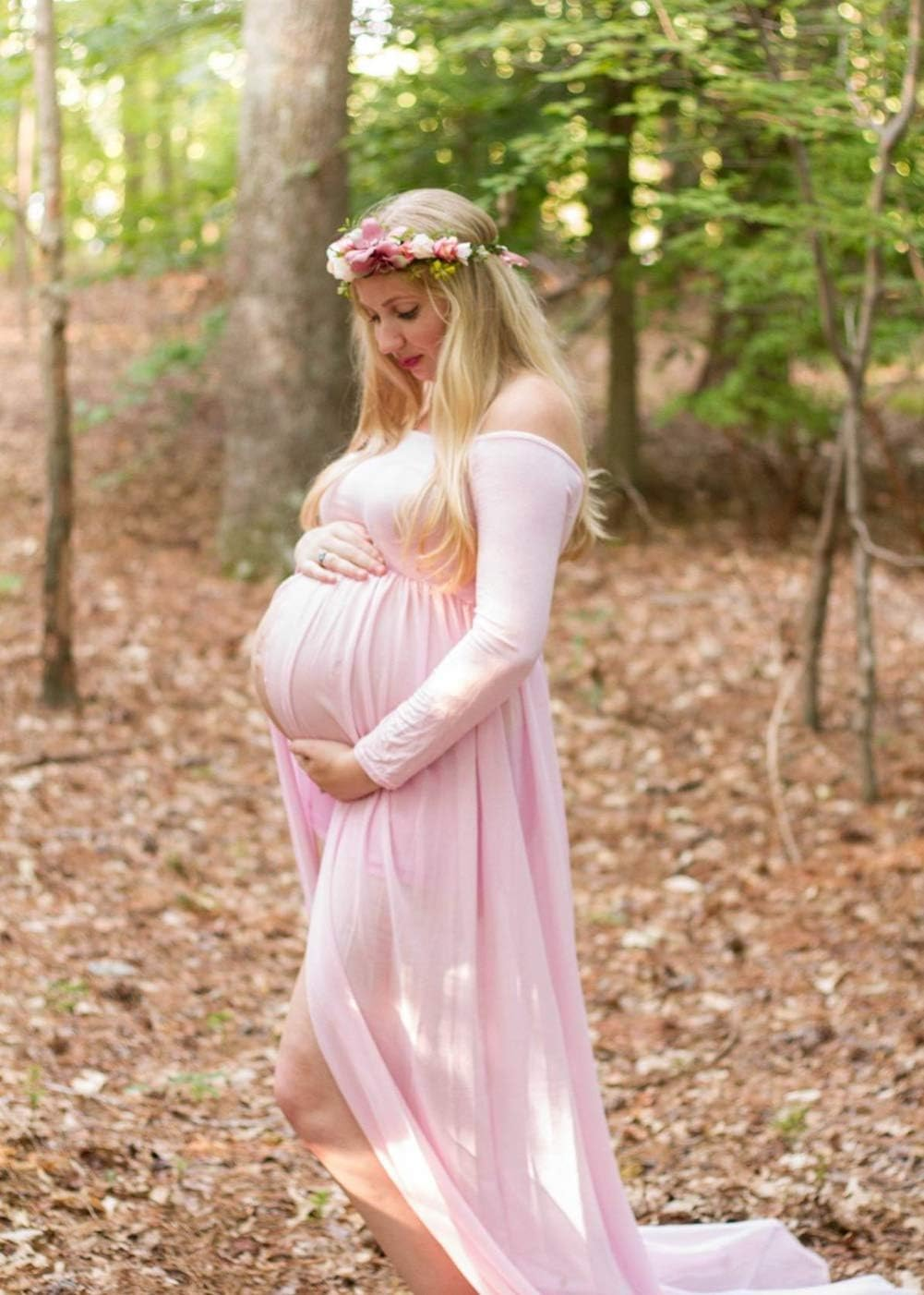 ZIUMUDY Maternity Maxi Chiffon Photography Dress Split Front Gown for Photoshoot image number 4