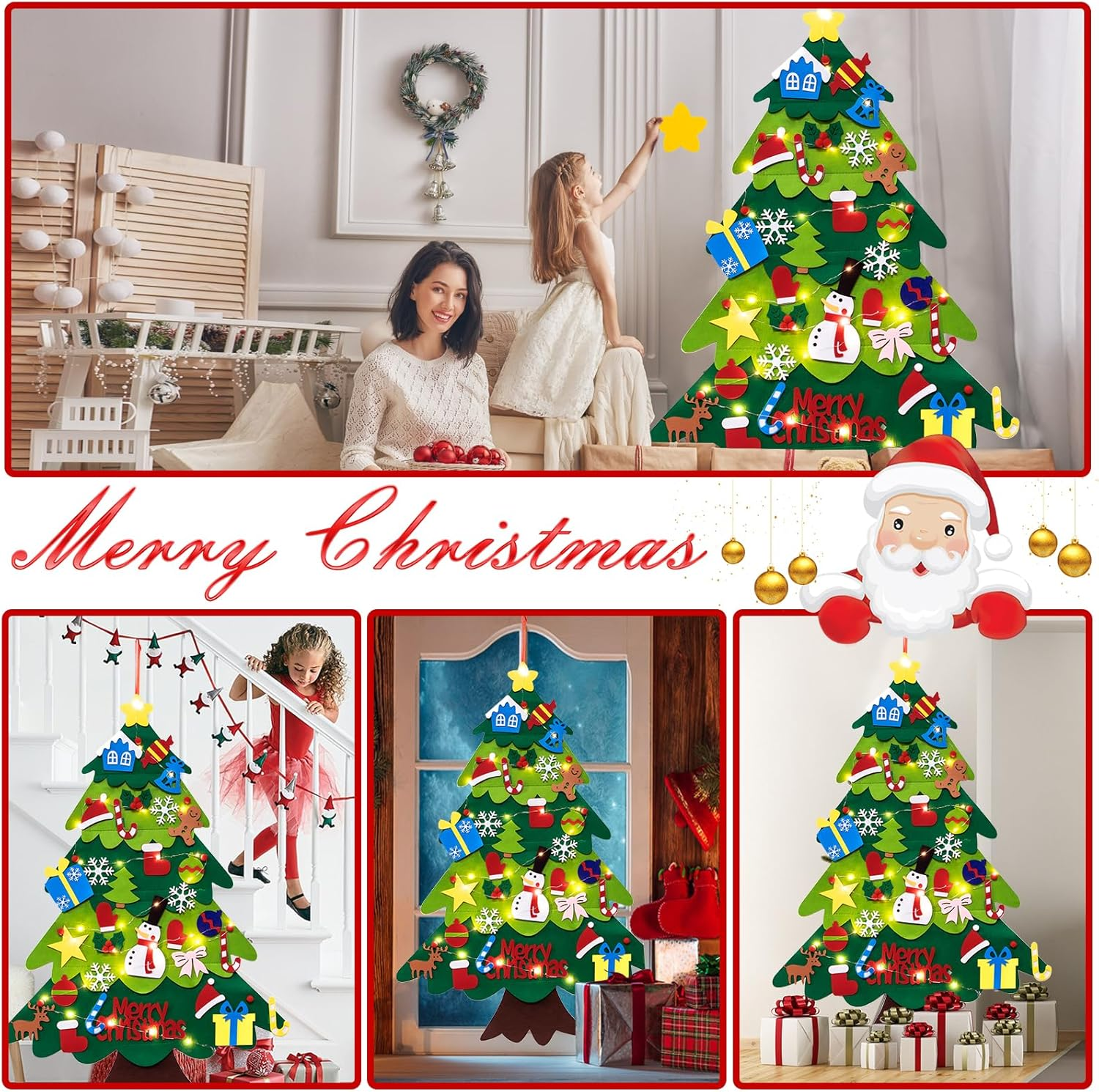 Felt Christmas Tree Set for Toddlers Kids with 3M/9.8Ft Led String Light, 3.2Ft/98Cm Wall Hanging DIY Christmas Tree with 32 Detachable Ornaments for Xmas Home Decoration image number 2