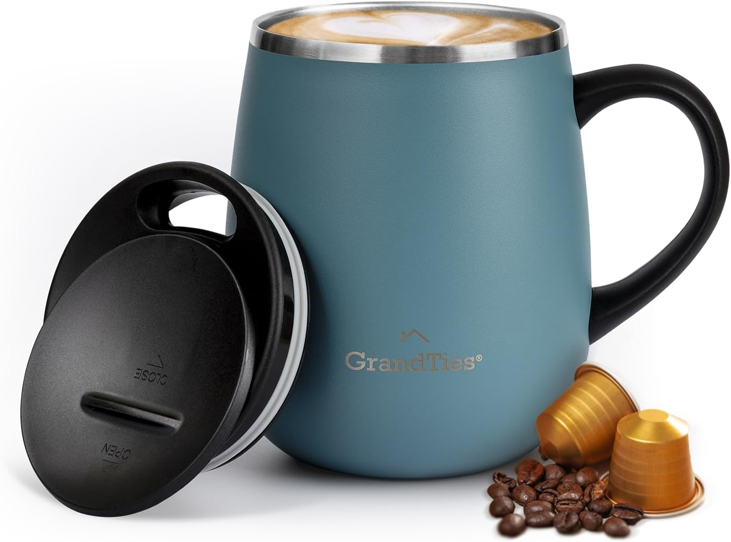 Grandties Insulated Coffee Mug with Handle - Sliding Lid for Splash-Proof 16 Oz Wine-Glass Shape Thermal Tumbler with Double Walled Vacuum Stainless Steel to Keeps Beverages Hot or Cold (Carrot)