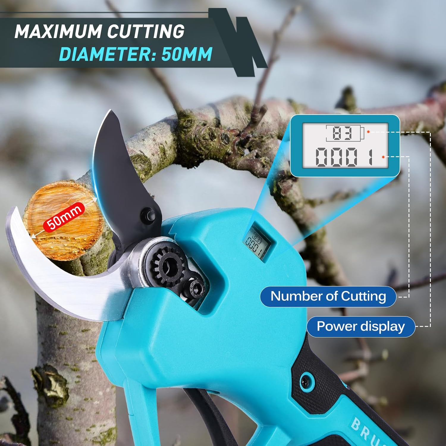 Cordless Electric Pruning Shears Kit - Telescopic Extension Shear Tools with 3Ft Telescopic Rod, 50Mm Cutting Diameter, 2X 2.0Ah Batteries, Garden Scissors for Shrubs, Bonsai, Fruit Trees image number 2