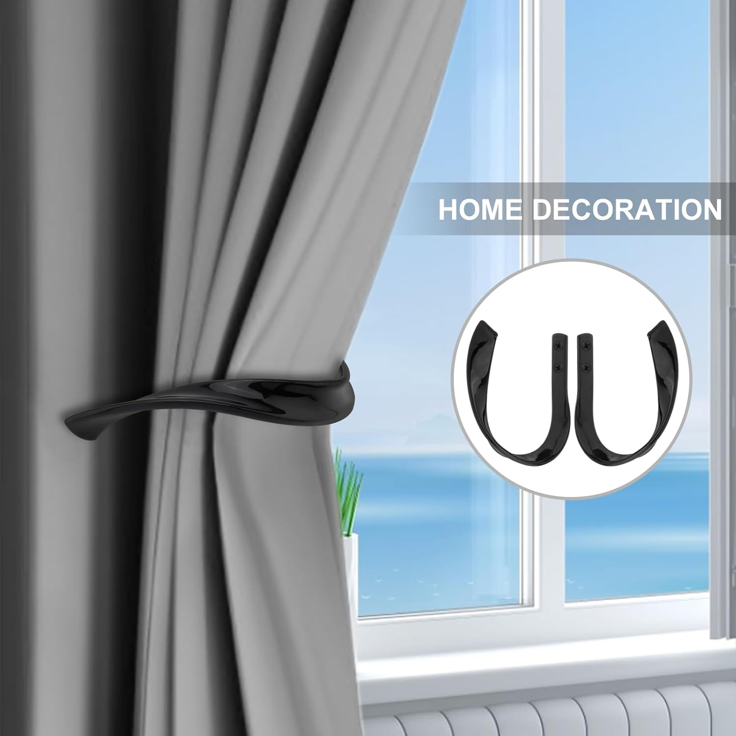 HOJLKLD 2 Pack Curtain Holdbacks, Aluminum Alloy Wall Mounted Decorative Drapery Tiebacks with Screws and Anchors, Heavy Duty U-Shape Wave Window Curtain Hooks for Home Decor (2, Black) - 2, Silver image number 6