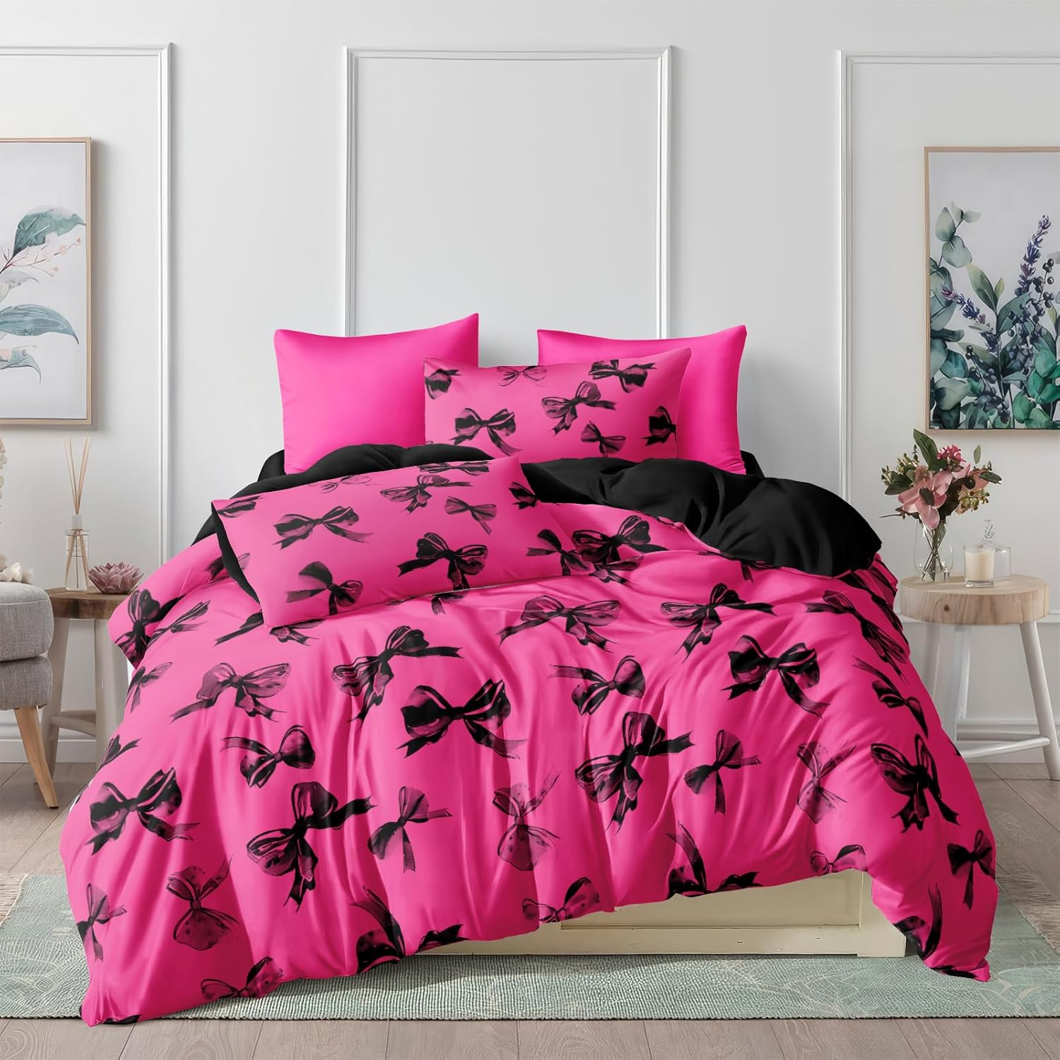 Herside Girls Pink Duvet Cover Set Super King Pink Kawaii Bowknot Design Ultra Soft Microfibre Easy Care Bedding Set 3 Pieces Quilt Cover for Adult Women Bedroom Decor with Zipper Closure