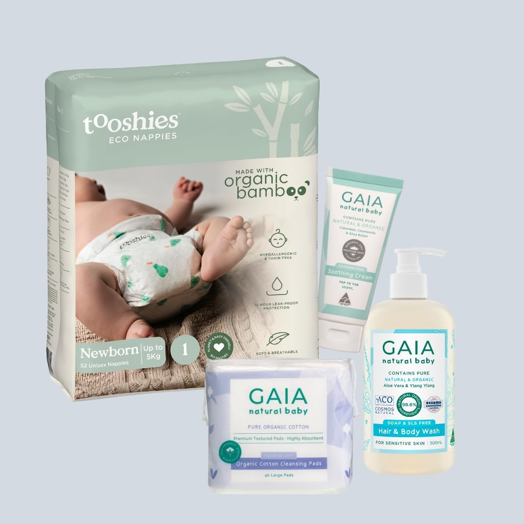 Tooshies Eco Nappies Size 1 Newborn, 104 Count + GAIA Natural Baby Organic Cotton Cleansing Pads, 40 Pack + GAIA Natural Baby Soothing Cream 100Ml + GAIA Natural Baby Hair and Body Wash 500Ml image number 3