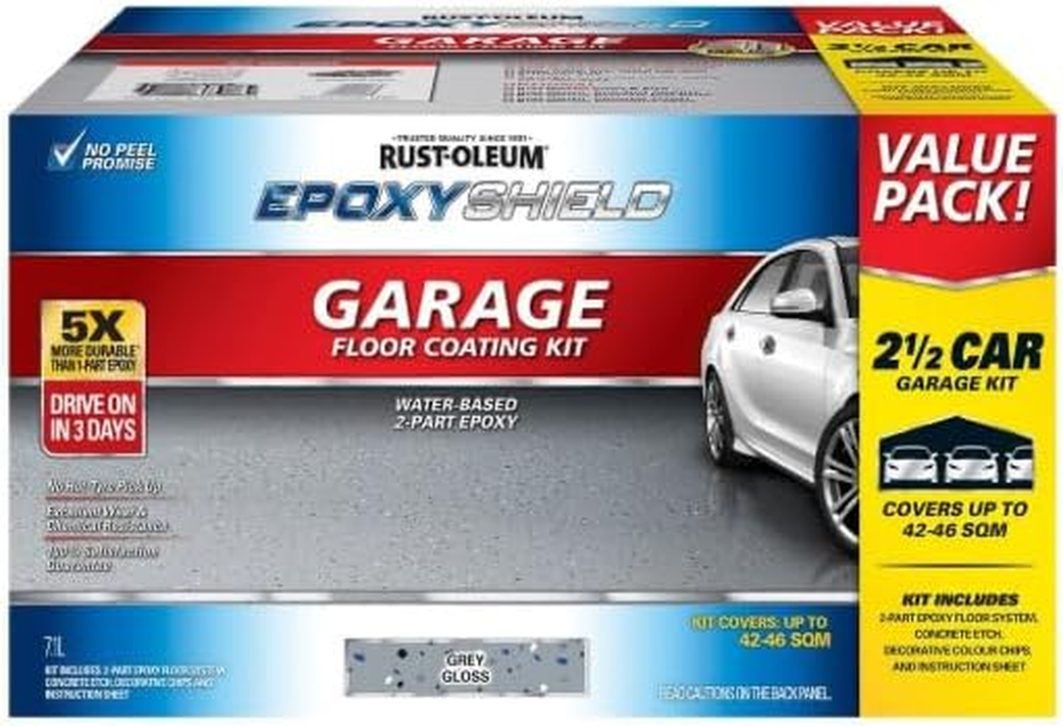 Rust-Oleum Epoxyshield Garage Floor Kit Grey 3.55L - Water-Based Epoxy, for Garage & Concrete Floors, Drive-On in 3 Days, with Showroom-Quality Gloss Finish, Resistant to Gasoline, Oil, and Wear